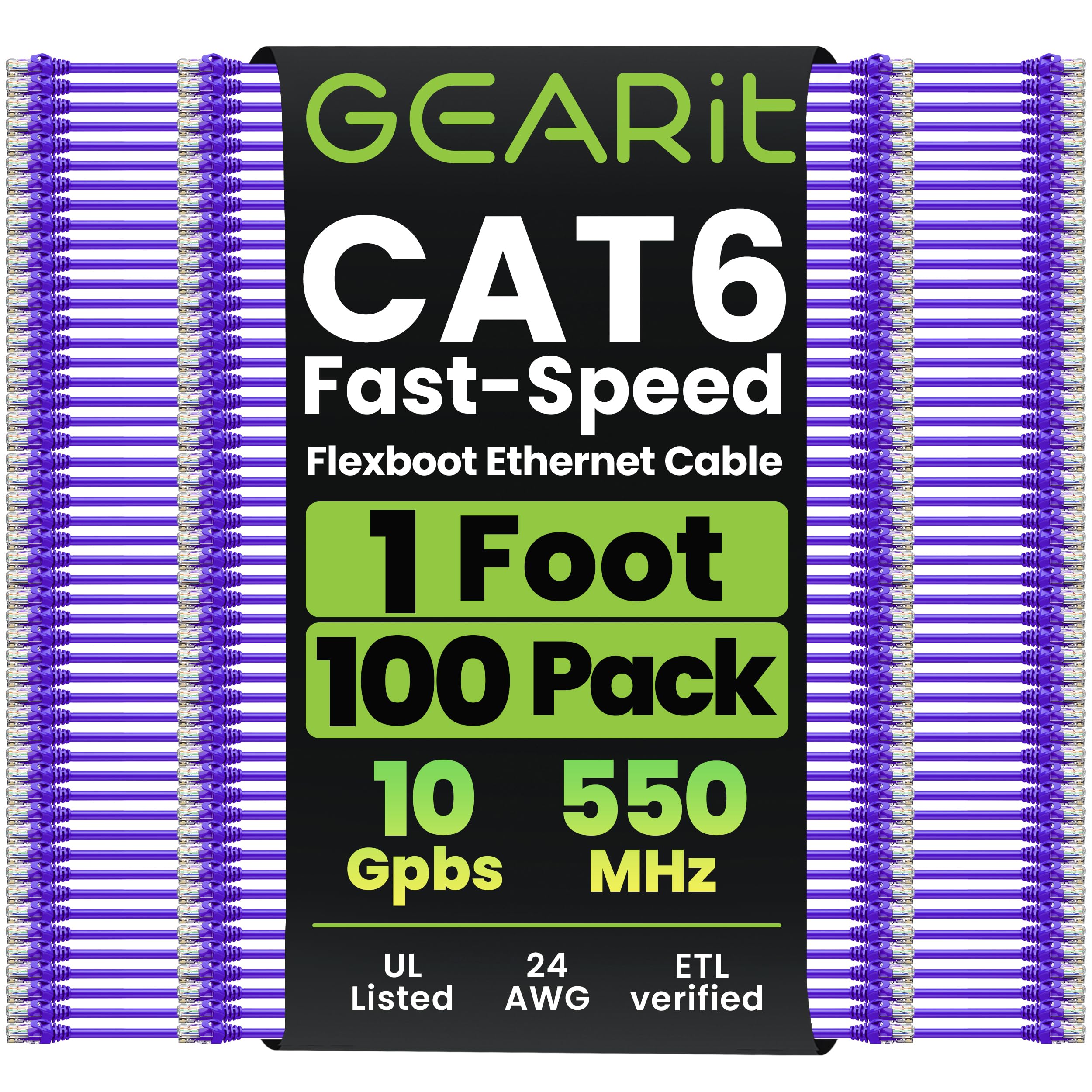 GEARit 100-Pack Cat6 Patch Cable 1 Foot Cat 6 Ethernet Cable Snagless Flexible Soft Tab - Premium Series - Purple