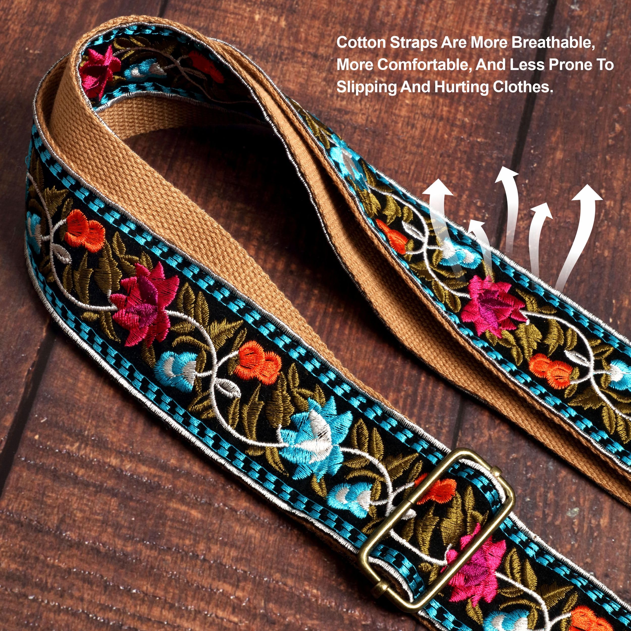 Nefelibata Guitar Strap,Vintage Jacquard Embroidery Cotton Guitar Straps With Crazy Horse Leather Ends For Electric,Acoustic,Com