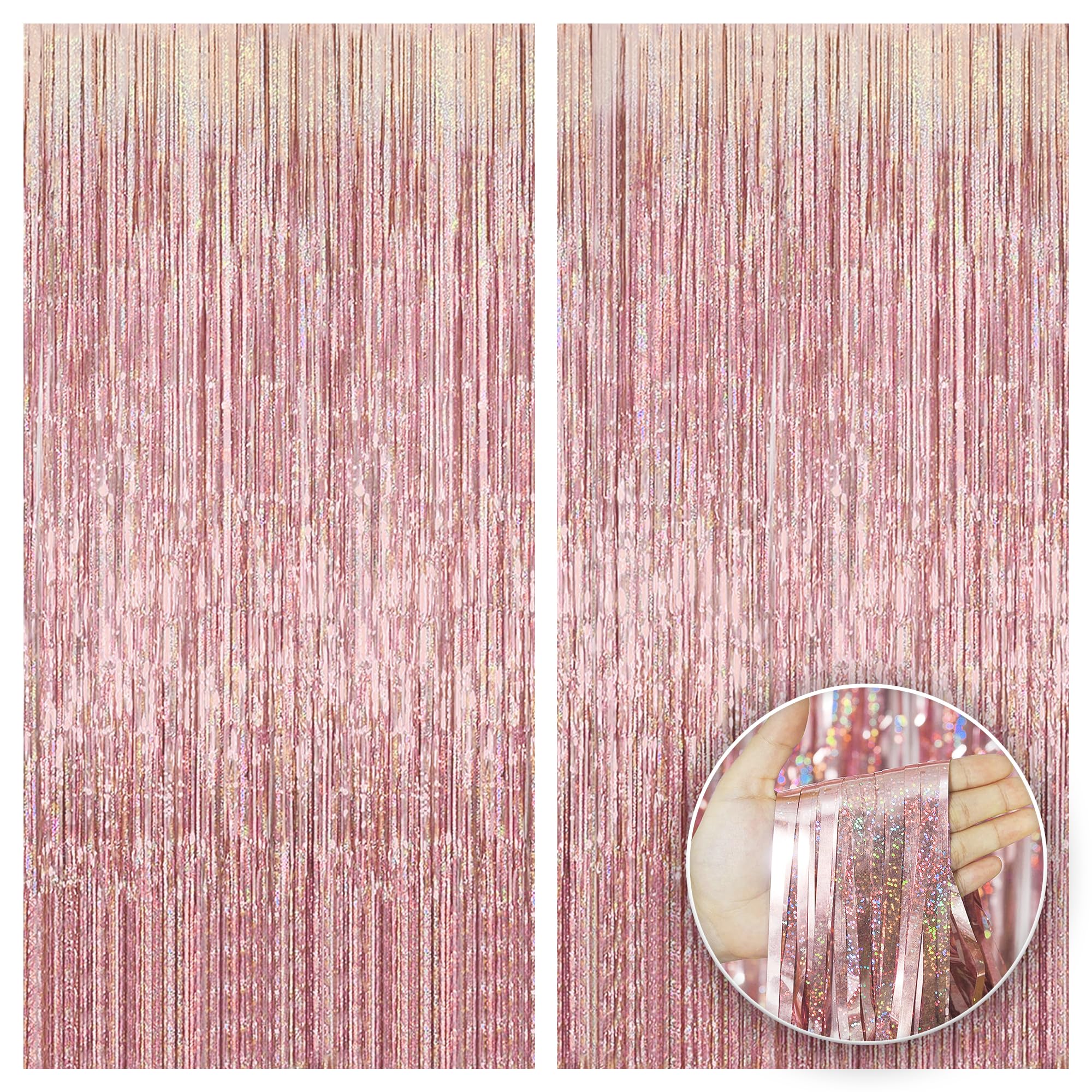 Katchon, Iridescent Rose Gold Fringe Curtain   3.2X8 Feet, Pack Of 2 | Rose Gold Backdrop Curtain For Rose Gold Birthday Decorat