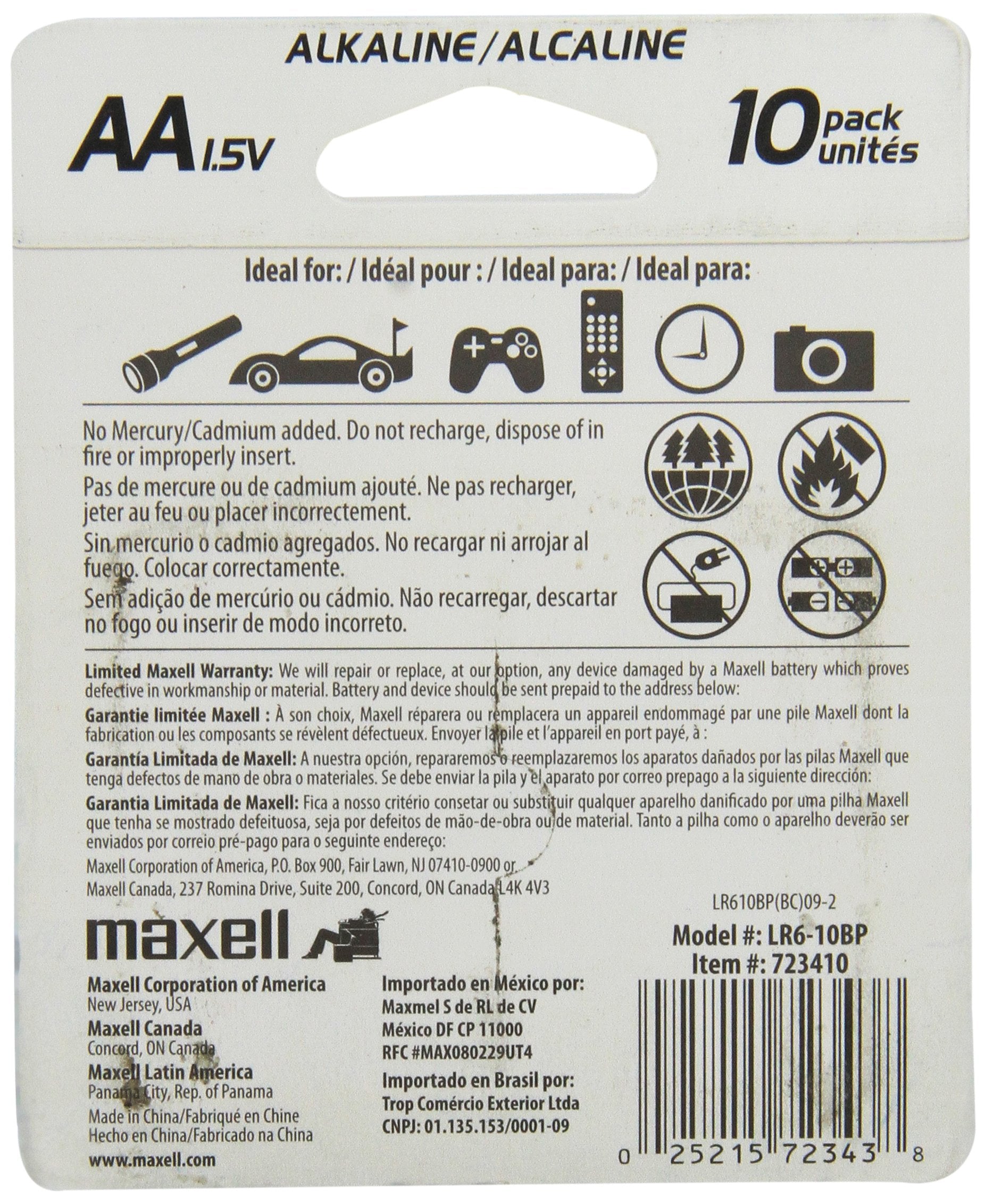 Maxell 723410P Ready-To-Go Long Lasting And Reliable Alkaline Battery Aa Cell 10-Pack With High Compatibility, Gold