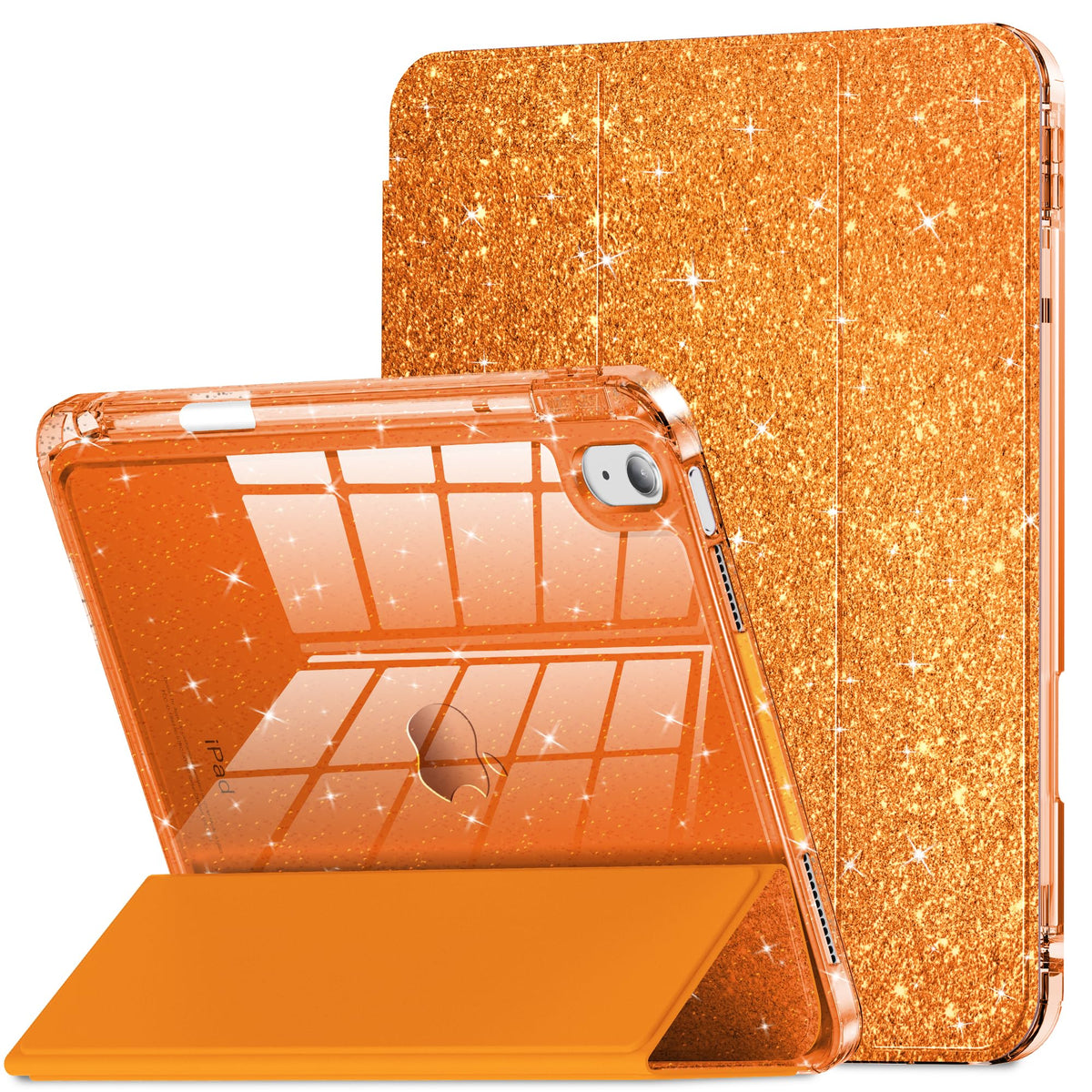Infiland Compatible With Ipad 10Th Generation Case, Ipad Case 10Th Generation 10.9 Inch, Glitter Leather Cover With Sparkly Crystal Clear Back, Pencil Holder, Anti Yellowing (Fiery Orange)