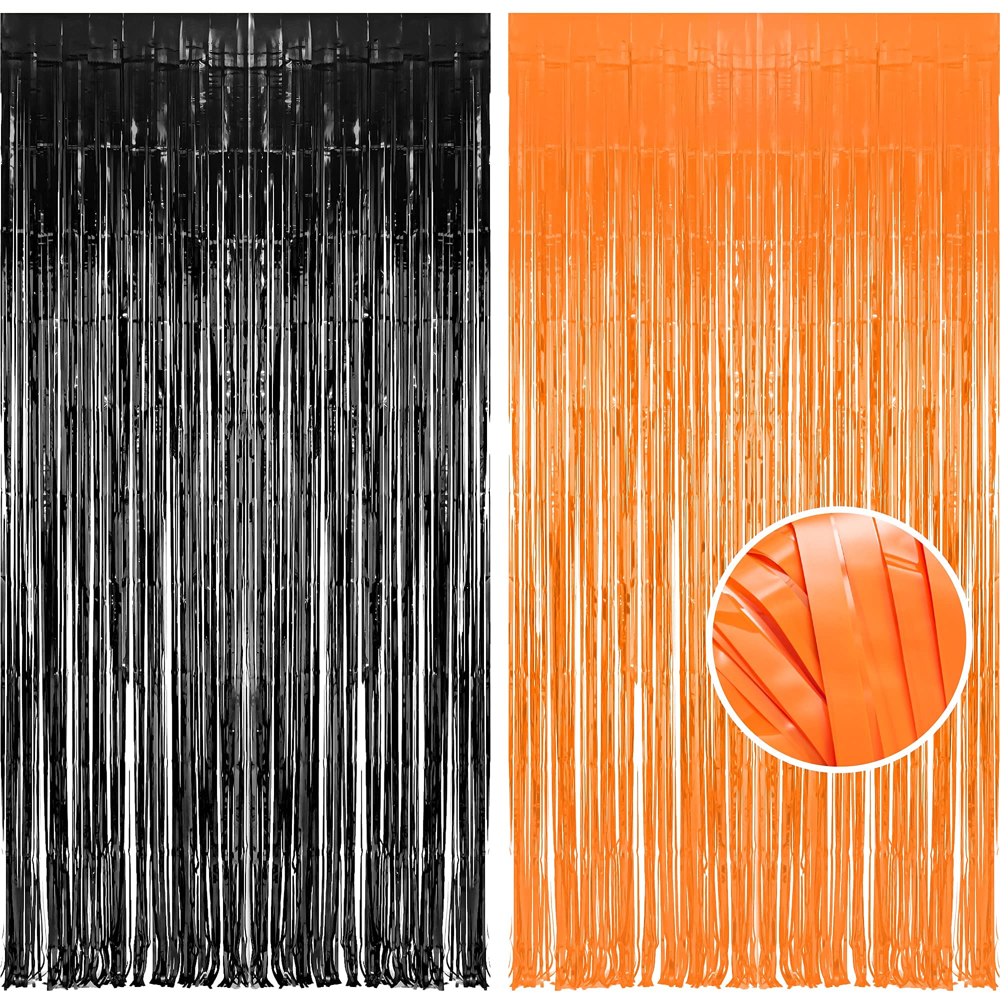 Braveshine 1 Black 1 Orange Tinsel Photo Backdrop Curtains   3.2X8.2Ft Foil Fringe Streamer Curtain For Birthdays, Halloweens, G