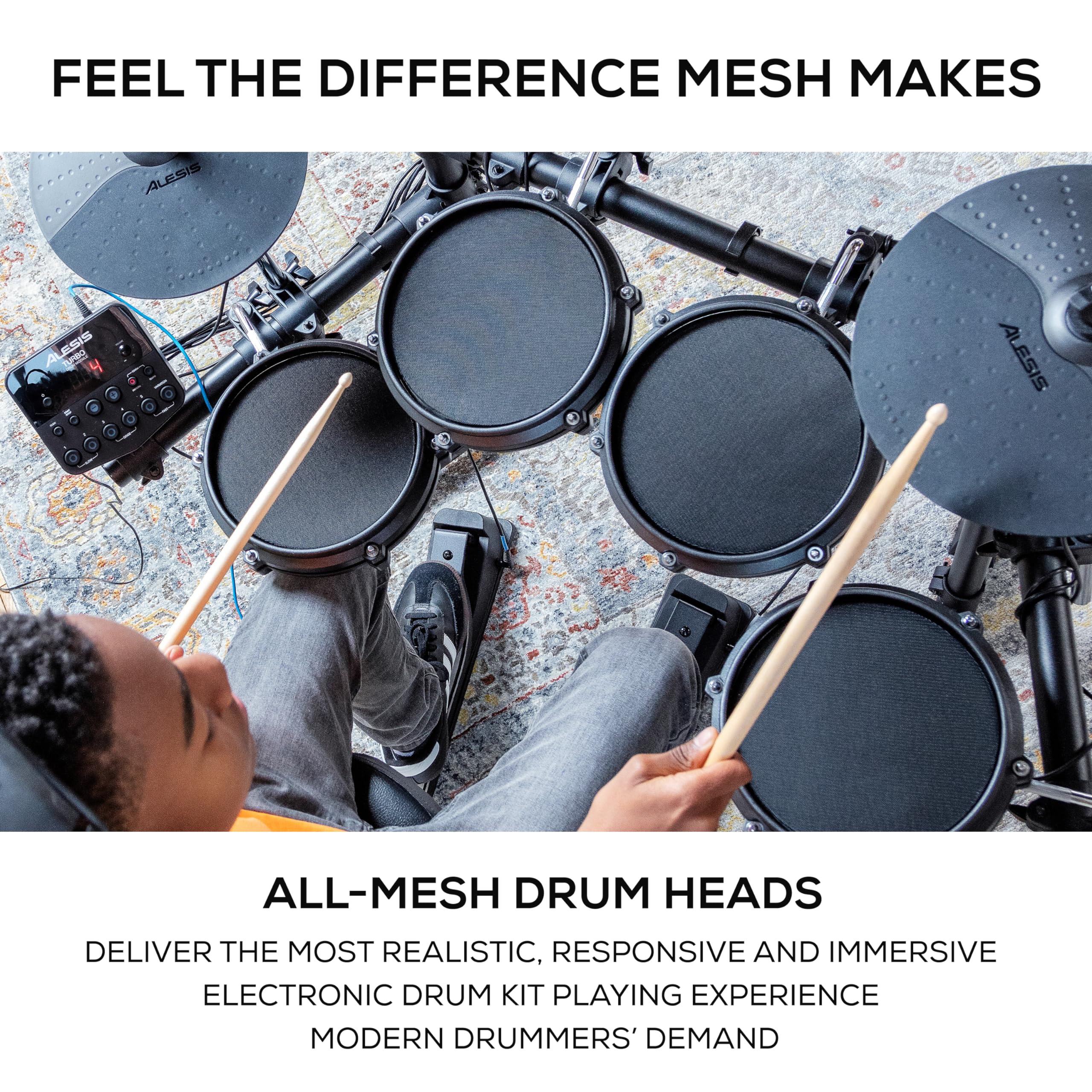 Alesis Turbo Mesh Kit | Seven Piece All Mesh Electronic Drum Kit With Play Along Tracks, Drum Sticks & Drum Key Included