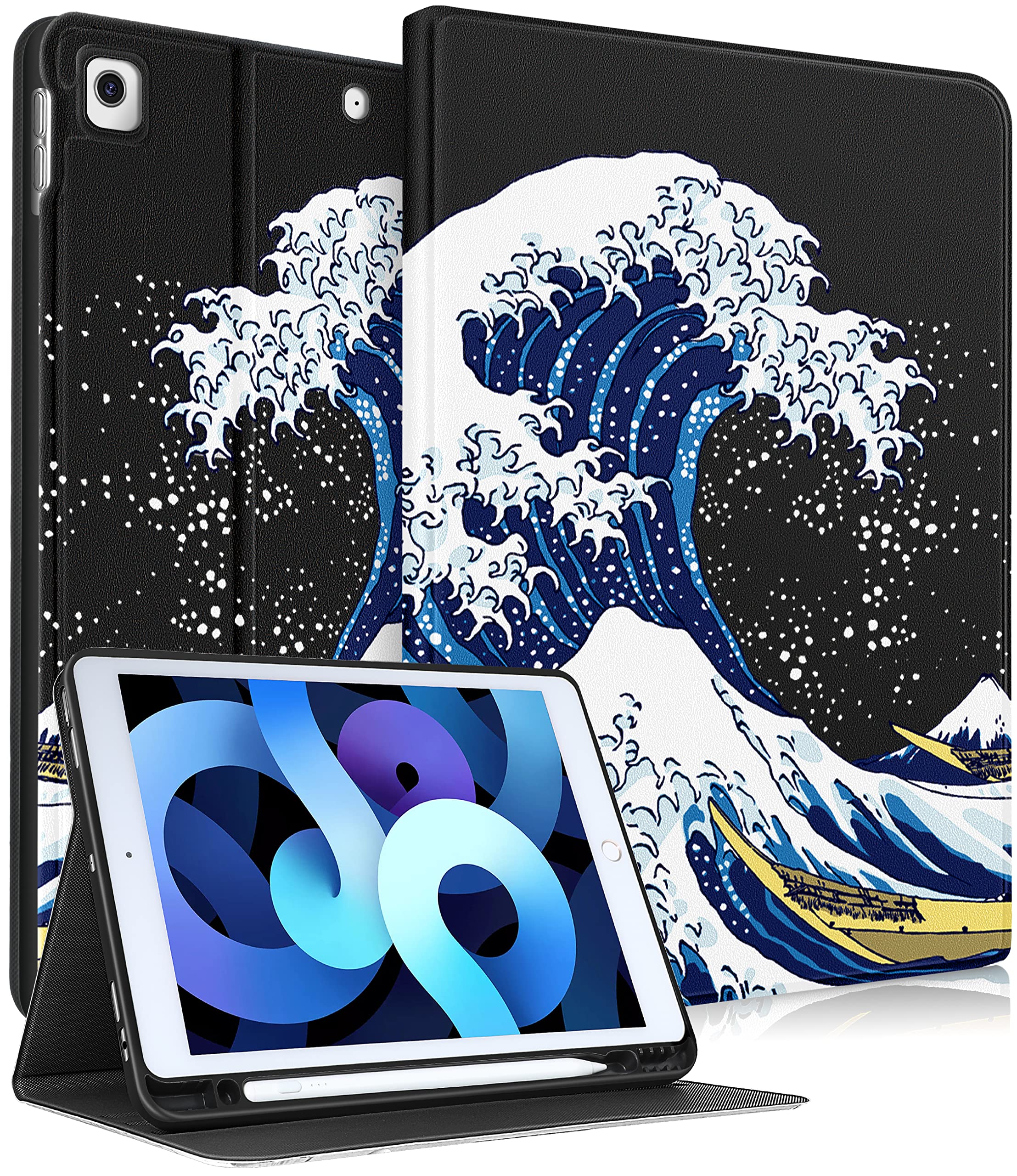 Uppuppy For Ipad 9Th/8Th/7Th Generation Case 10.2 Inch Cute Boys Kids Folio Smart Cover With Pencil Holder Great Wave Design Men