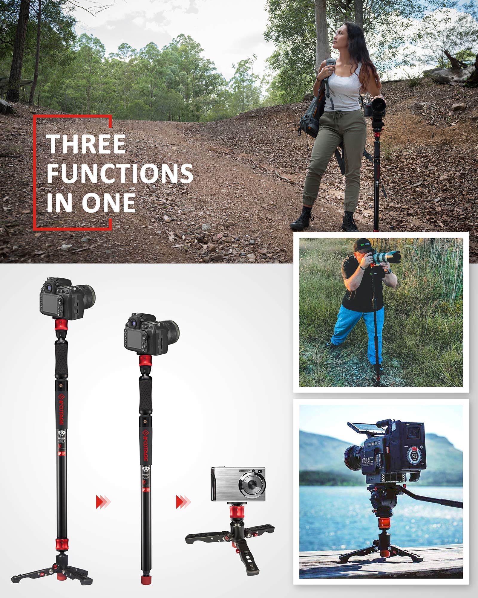 Ifootage Camera Monopod Professional 59'' Aluminum Telescoping Video Monopods With Tripod Stand Compatible For Dslr Cameras And