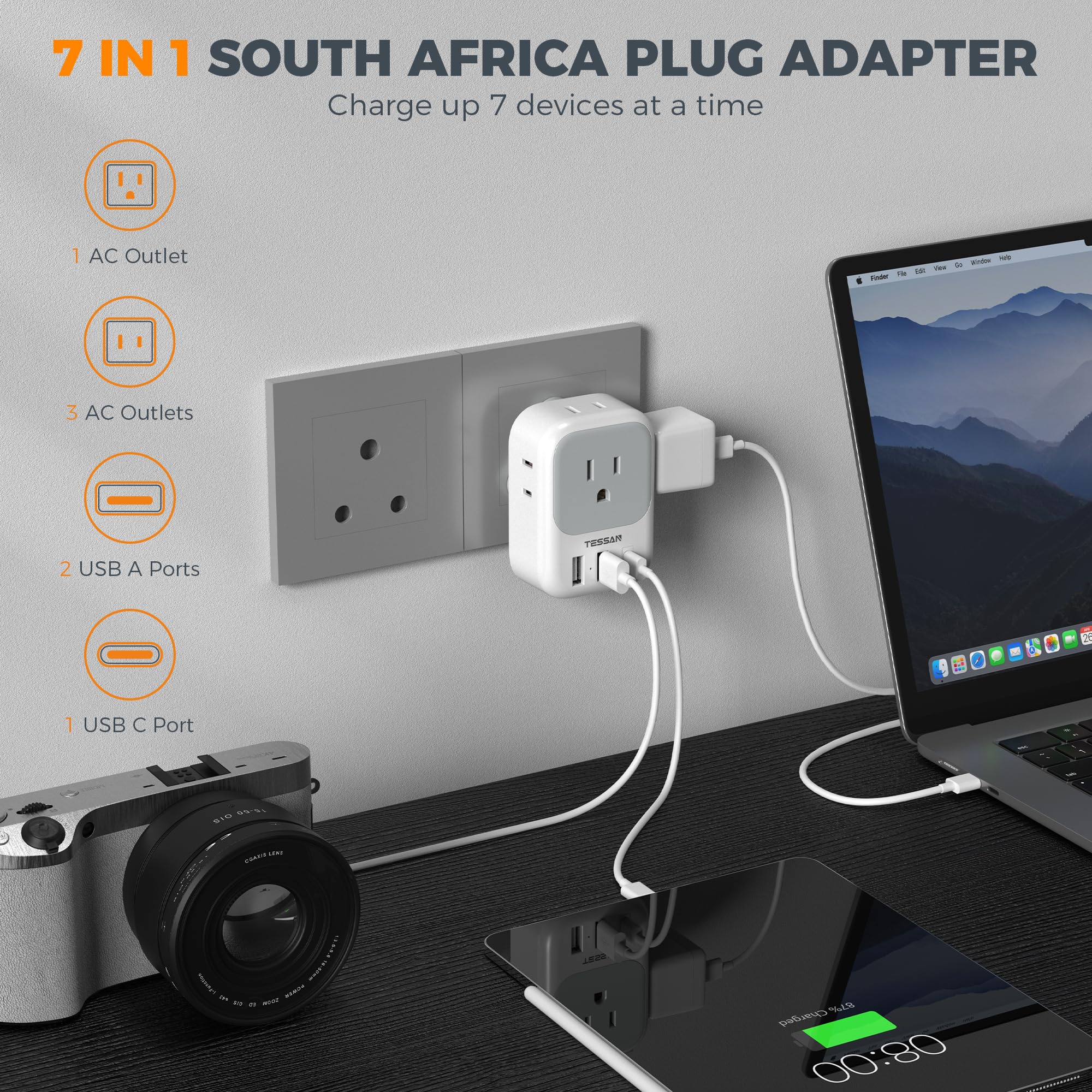 South Africa Plug Adapter 2 Pack, Tessan Type M Power Adapter With 4 Ac Outlets 3 Usb Ports(1 Usb C), Adaptor Us To Botswana Nam