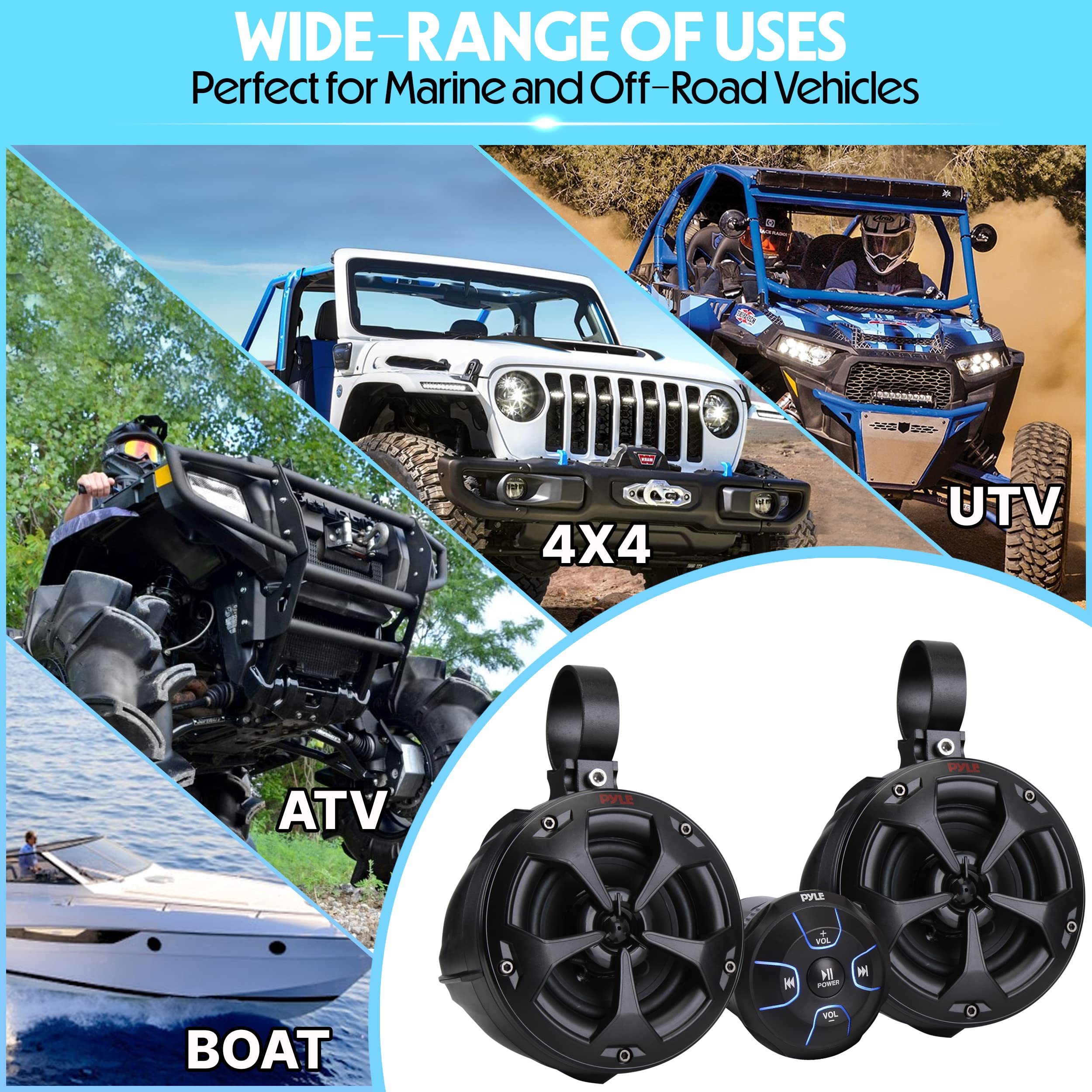 Pyle 2-Way Dual Bluetooth Off-Road Speakers - 4 Inch 800W Marine Waterproof Wakeboard, Full Range Outdoor For Atv, Snow Mobile U