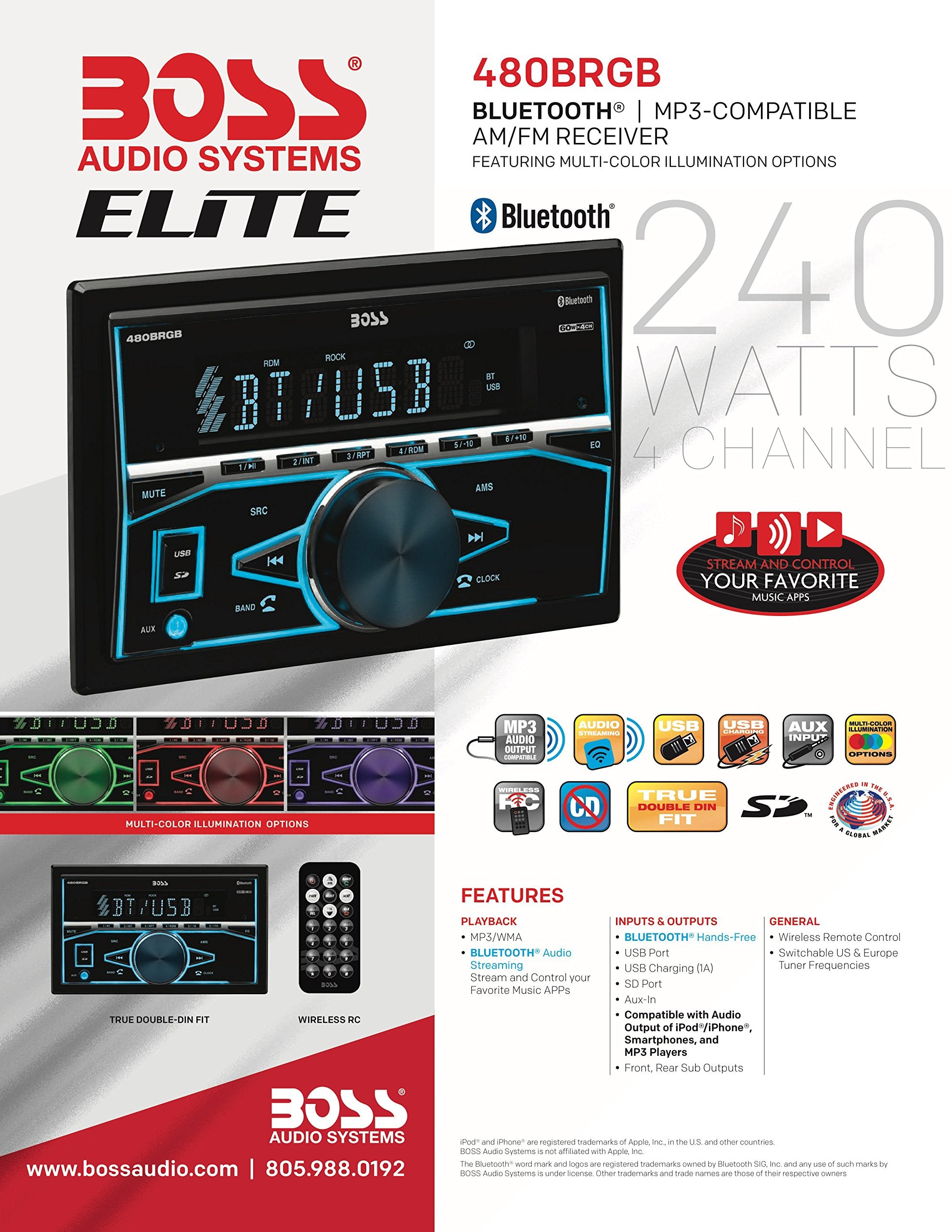 Boss Audio Systems Elite 480Brgb Double Din, Bluetooth, Mp3 Usb Am Fm Receiver, Multi Color Rgb Illumination, Wireless Remote