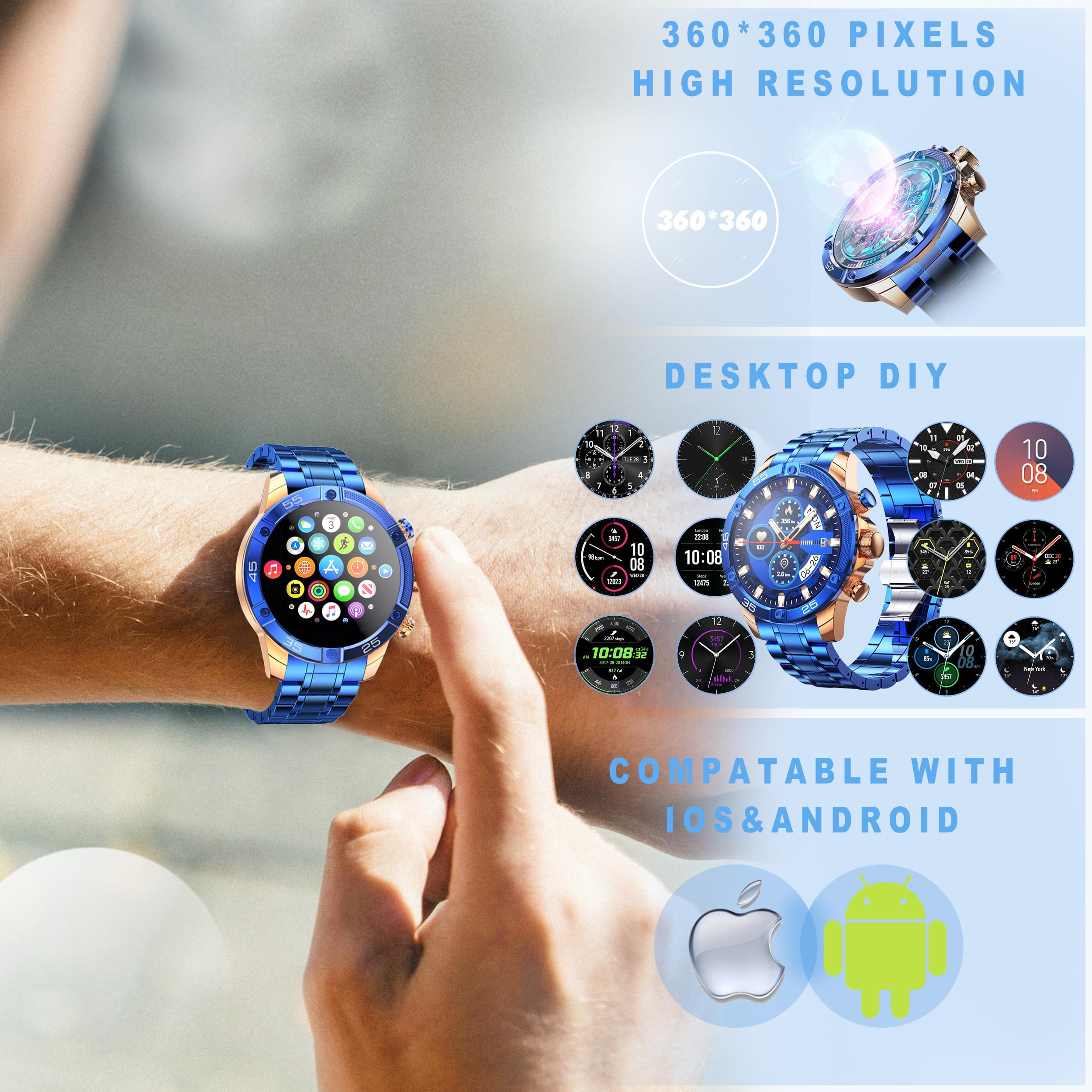 Ohugna Men'S Smart Watch Round Hd 1.53'' Gold Blue Smart Watches For Men, Multiple Sports Modes, Bluetooth Voice Call. Available