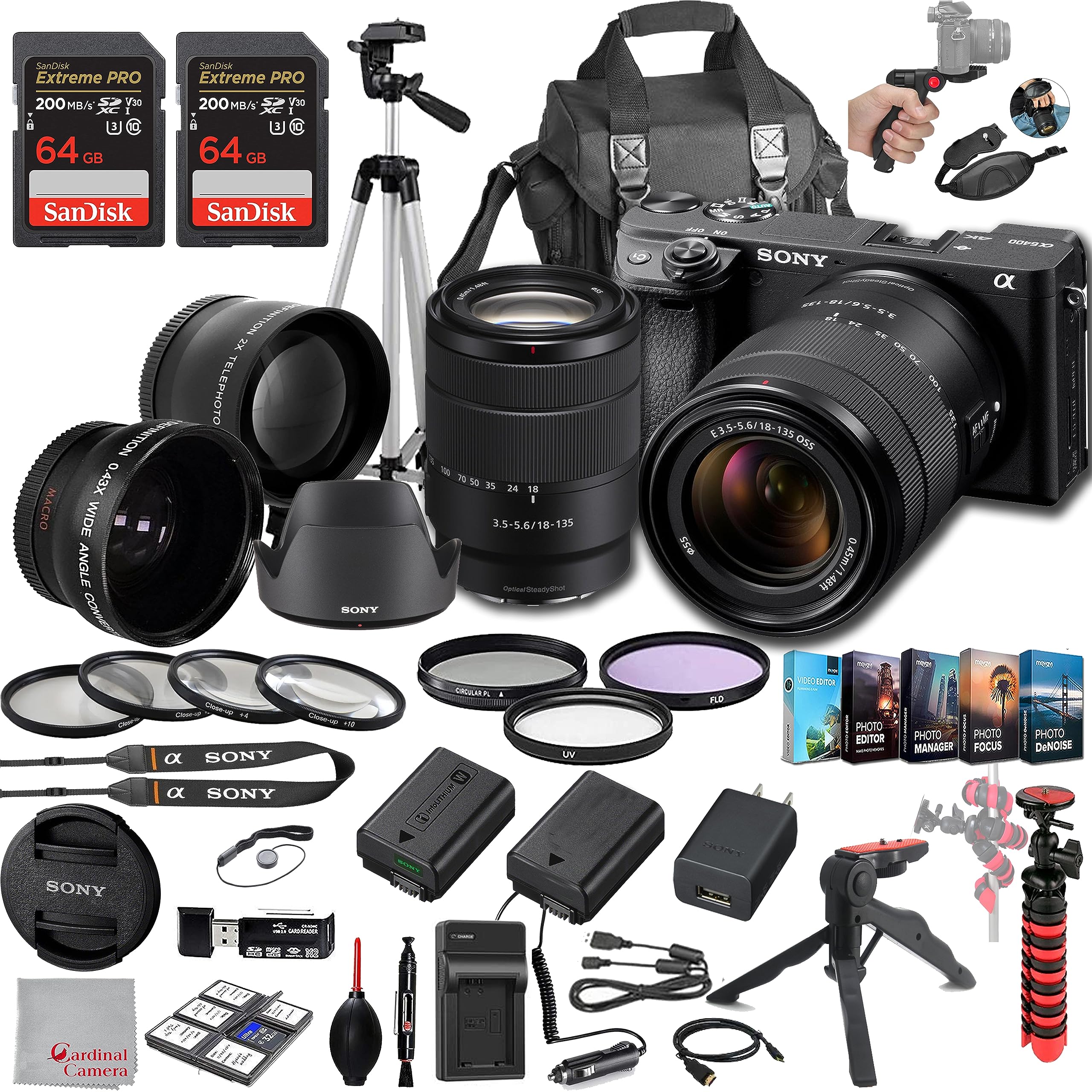 Sony a6400 Mirrorless Camera with 18-135mm Lens, 128GB Extreem Speed Memory,.43 Wide Angle & 2X Lenses, Case,Tripod, Filters, Ho