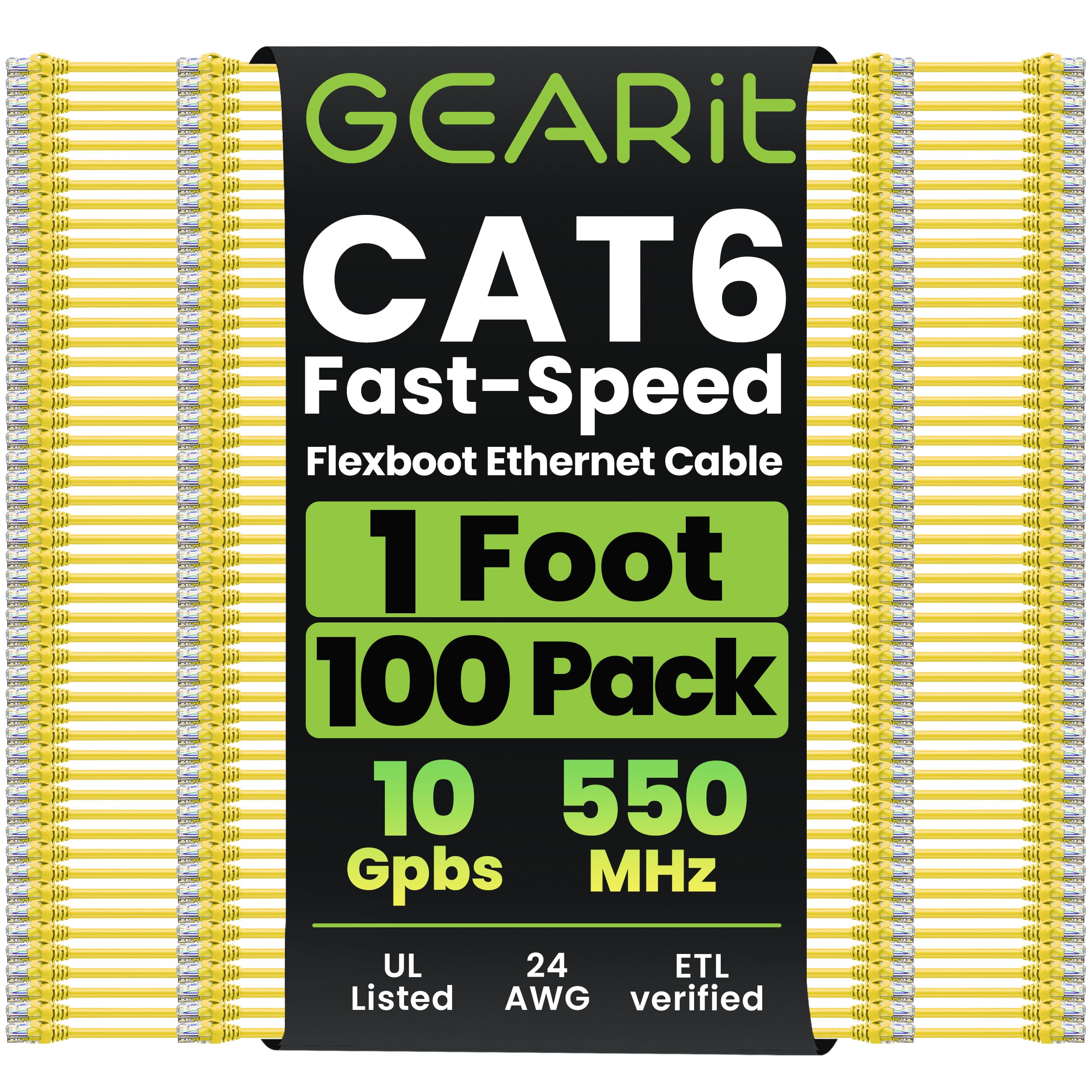GEARit 100-Pack Cat6 Patch Cable 1 Foot Cat 6 Ethernet Cable Snagless Flexible Soft Tab - Premium Series - Yellow