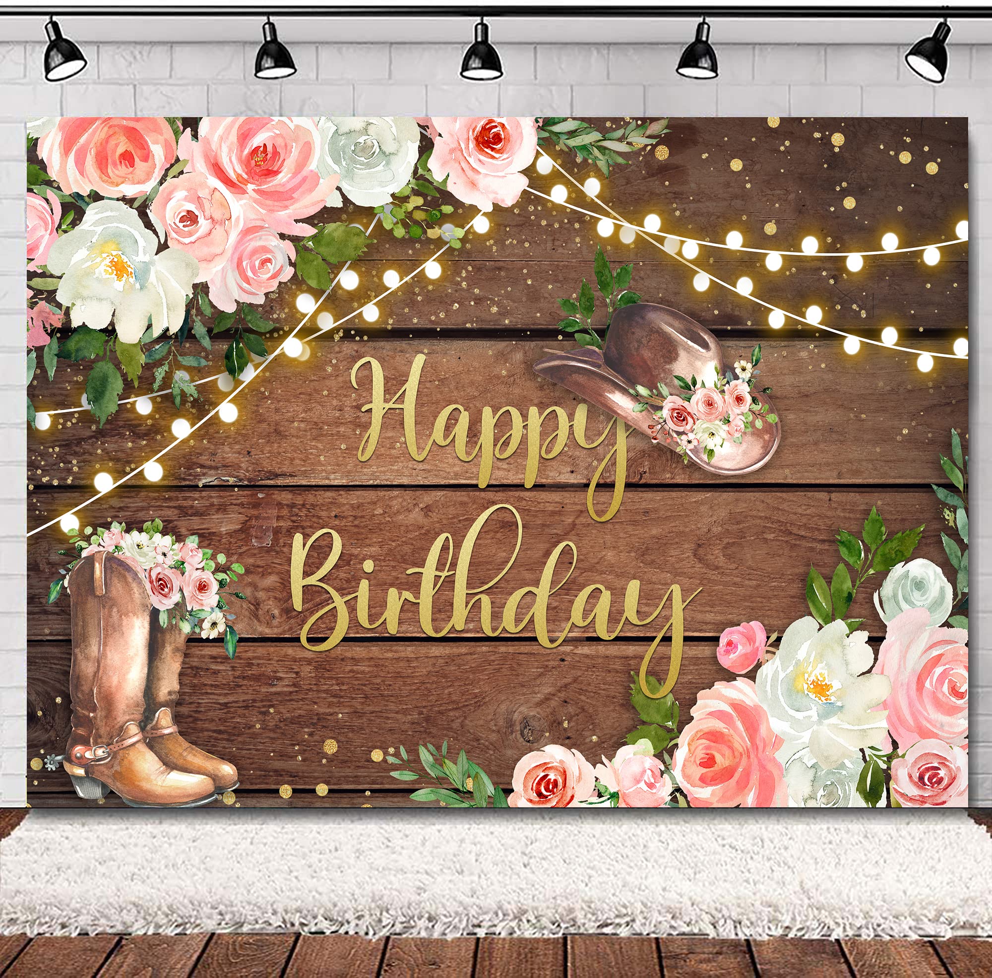 Svbright Cowgirl Birthday Backdrop For Woman 7Wx5H Western Rustic Country Wooden Plank Pink Flower Happy Birthday Baby Shower Wo