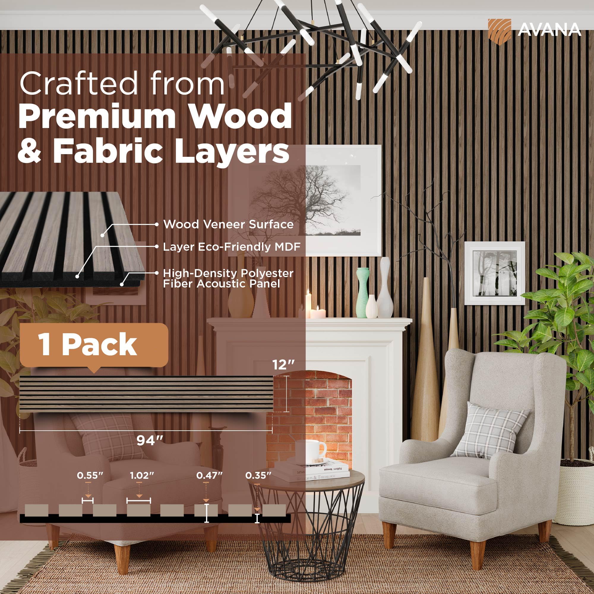Avana Modern Acoustic Wood Wall Panels   94.4 X 12.6 Inch Walnut Acoustic Panels 1 Pc   Wall Panels For Interior Wall Decor For