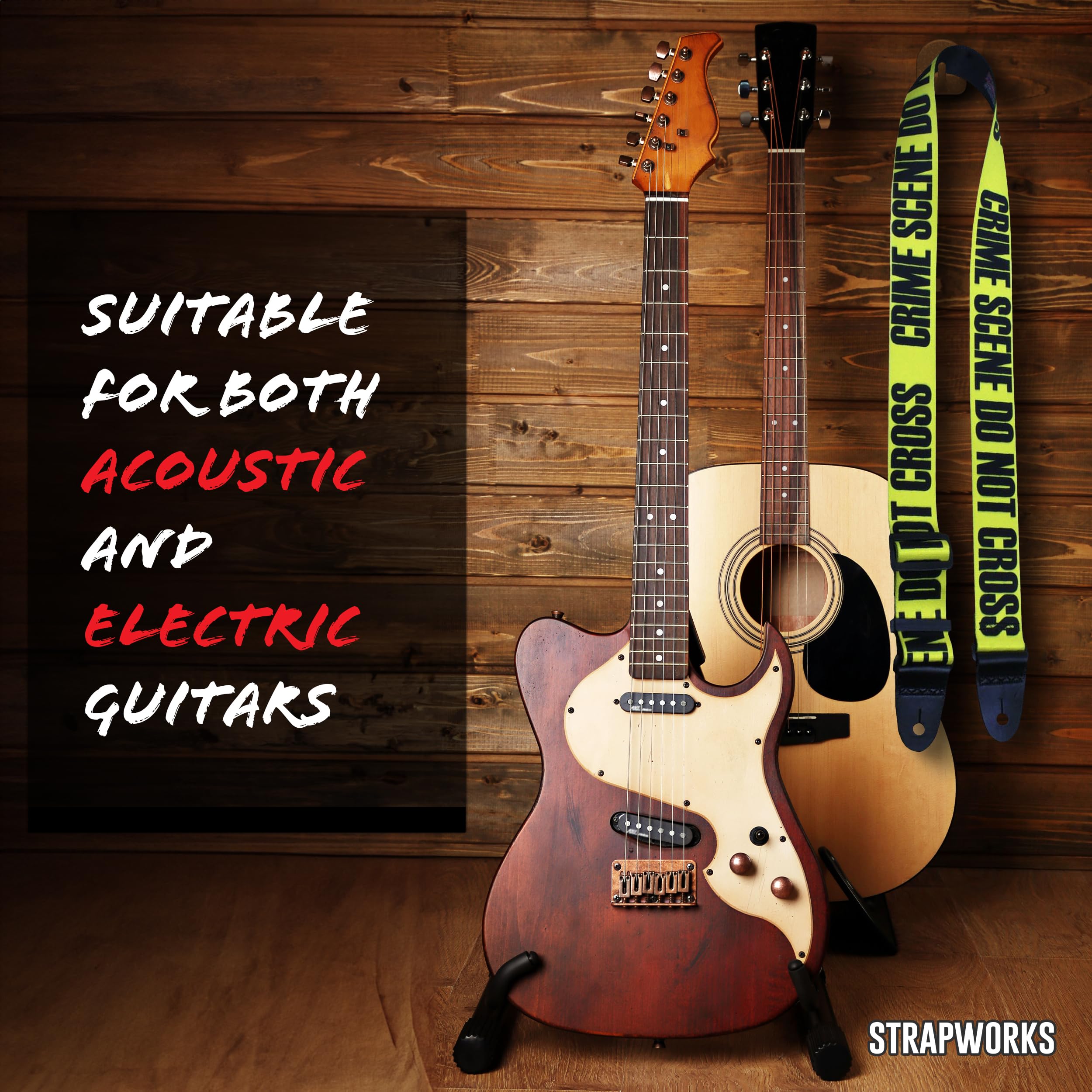 Killer-Q Guitar Strap - Stylish Straps For Electric And Acoustic Guitars With Leather Tabs, 2 Inches X 5 Feet, Crime Scene