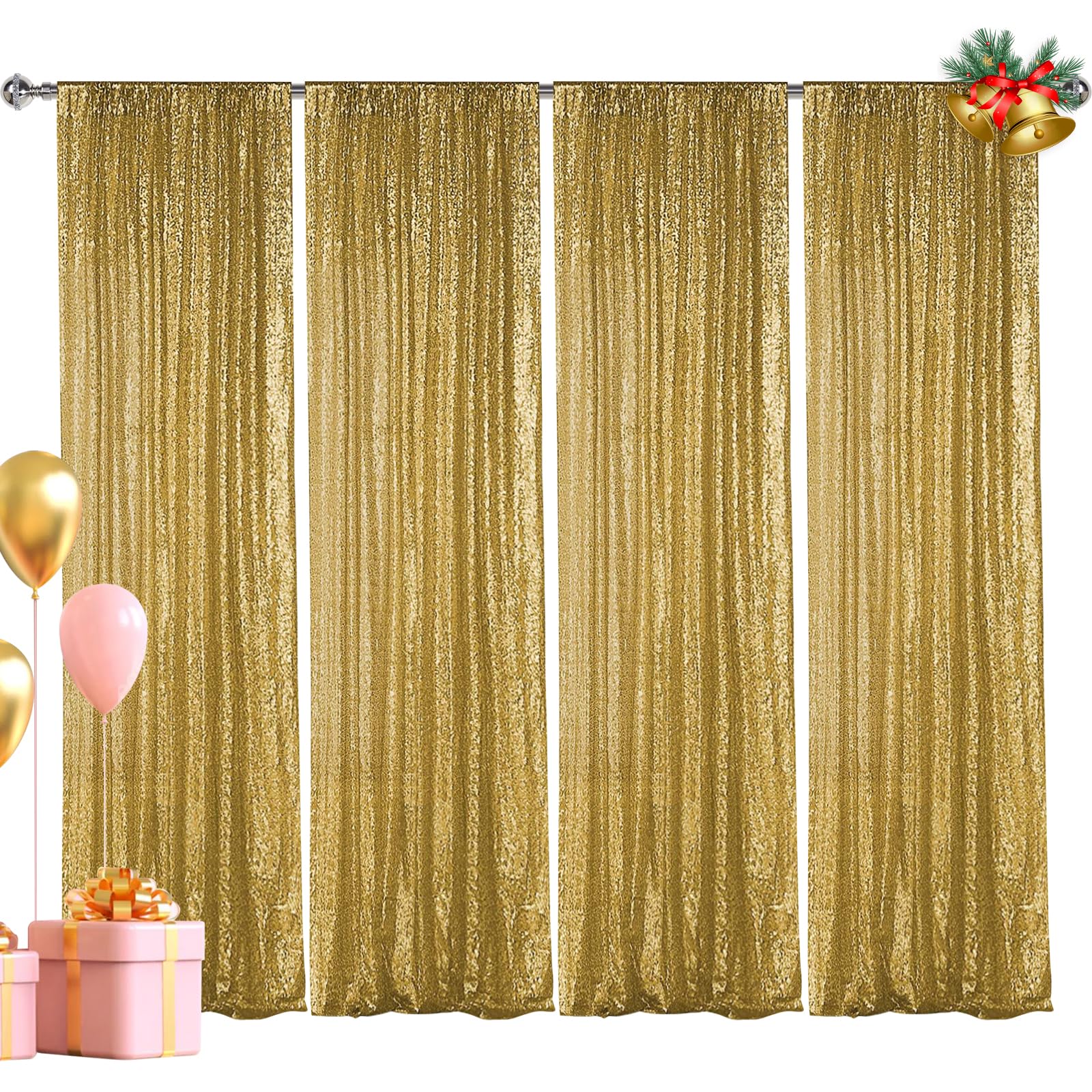 Hahuho Gold Sequin Backdrop Curtain, 4Pcs 2Ftx8Ft Glitter Backdrop Curtain For Parties, Christmas, Wedding, Party Decoration(4 P