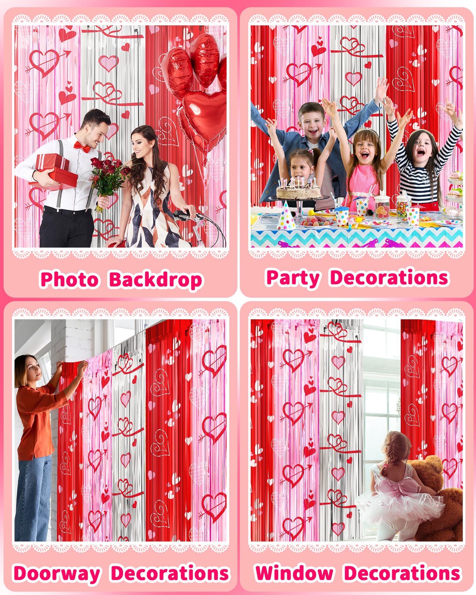 Valentines Day Decorations Foil Fringe Curtains For Party, 2 Pack 3.3 X 6.6 Ft Galentines Day Decorations Red Pink Silver Tinsel