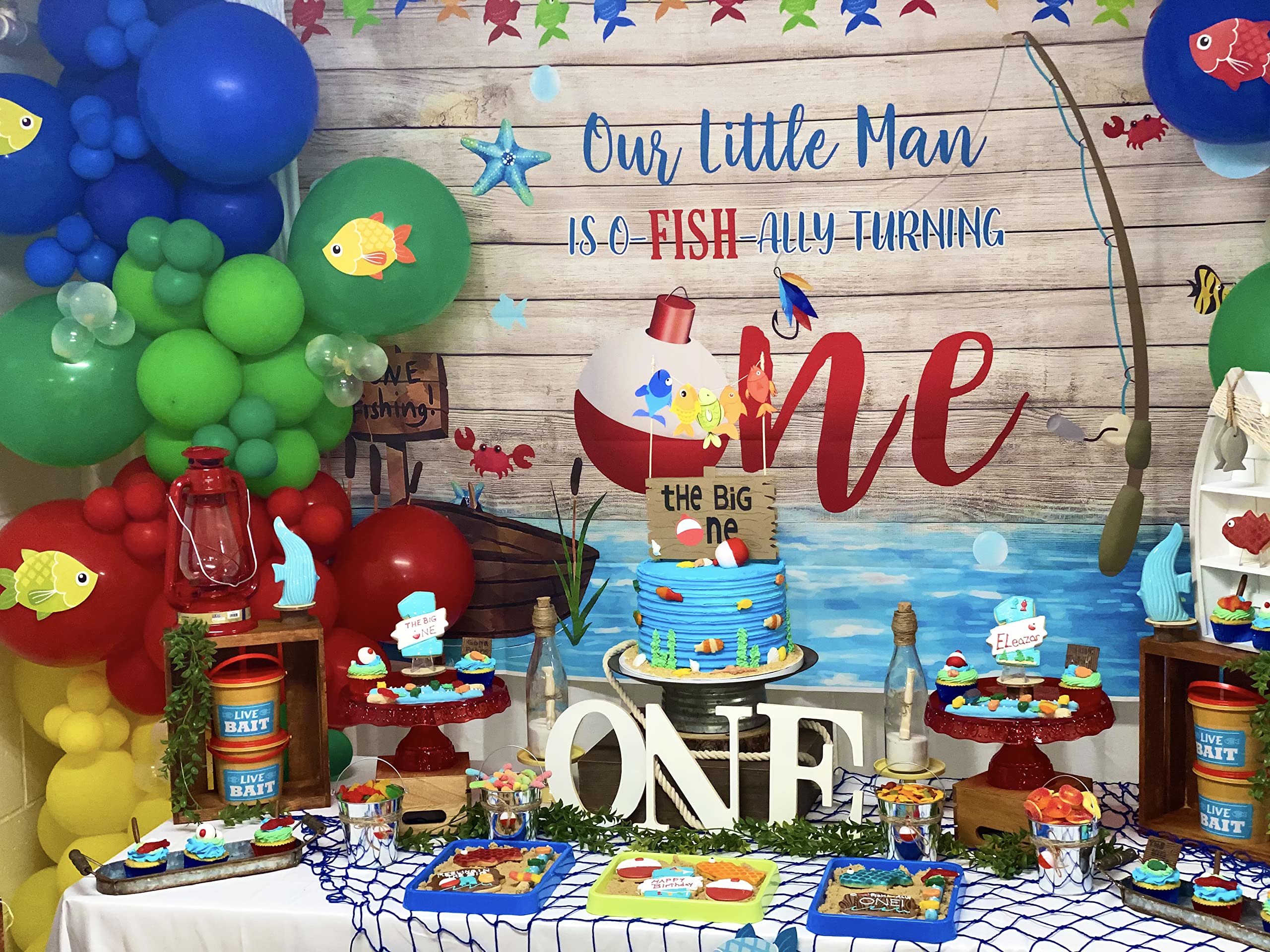 Mocsicka Gone Fishing Birthday Party Backdrop O Fish Ally 1St Birthday Party Decoration For Boy Rustic Wooden Cake Smash Photogr