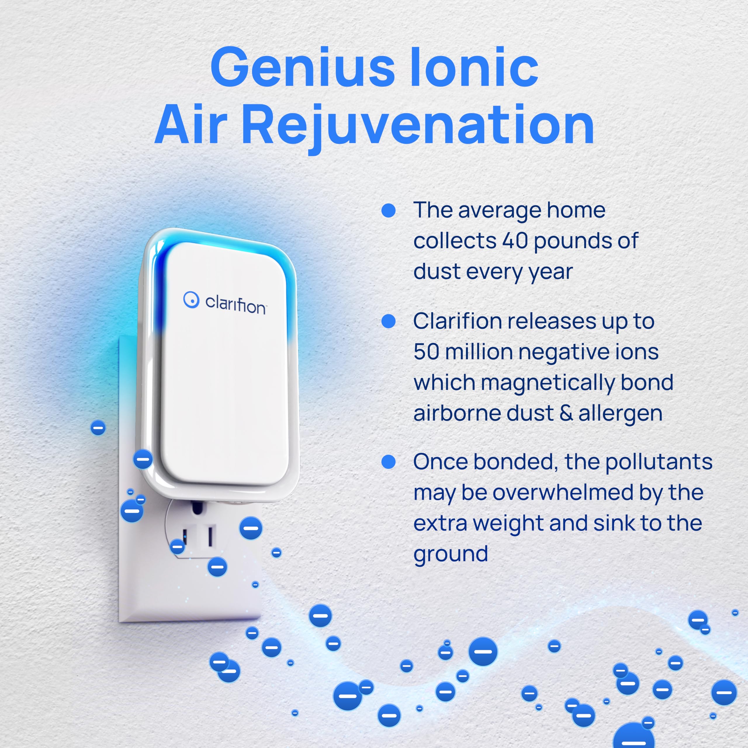 Clarifion - Air Ionizers For Home (1 Pack), Negative Ion Filtration System, Quiet Air Freshener For Bedroom, Office, Kitchen, Po