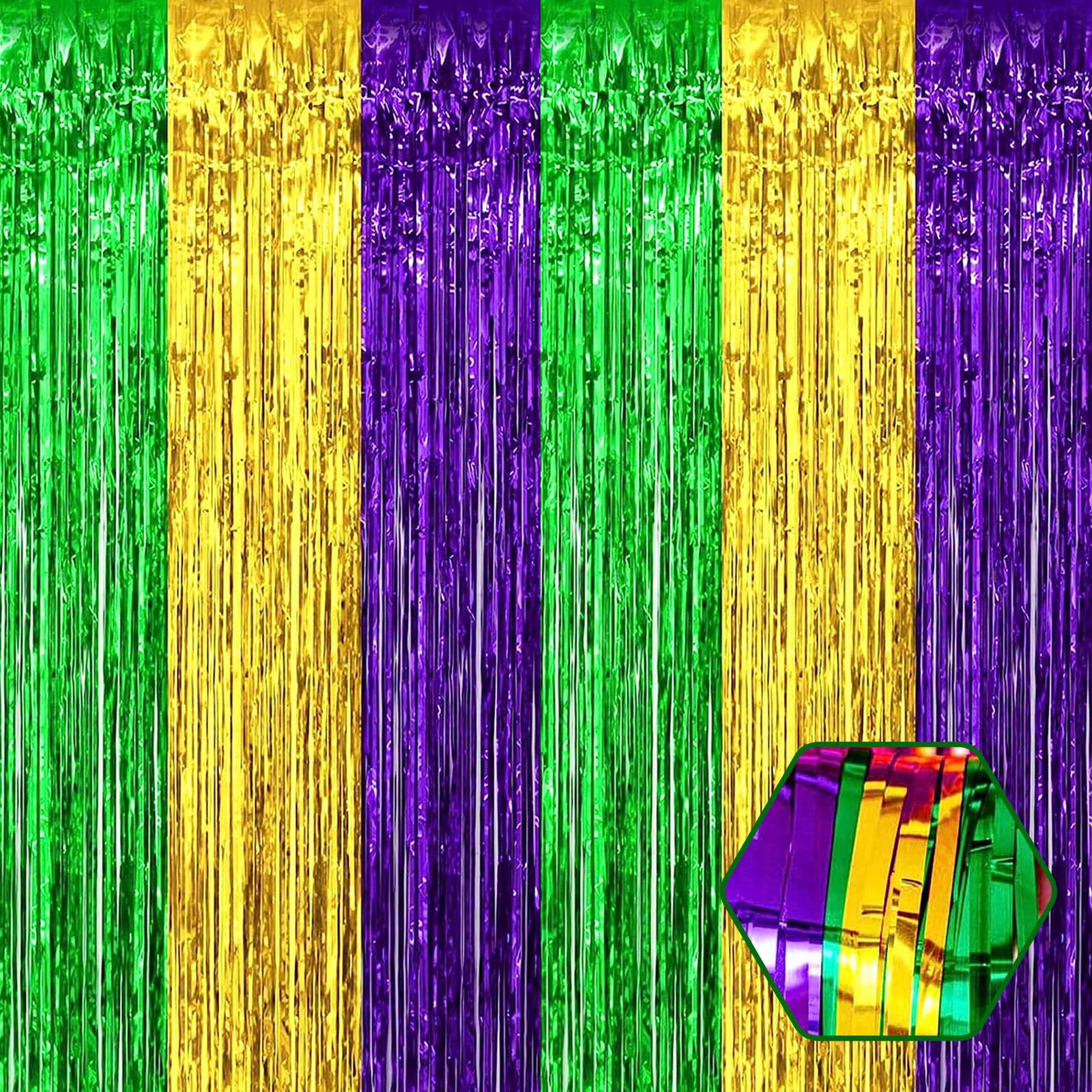 6 Pack Gold Green Purple Foil Fringe Curtain Backdrop, 3.28Ft x 9.8Ft Metallic Tinsel Foil Fringe Streamer Curtains for Photo Bo