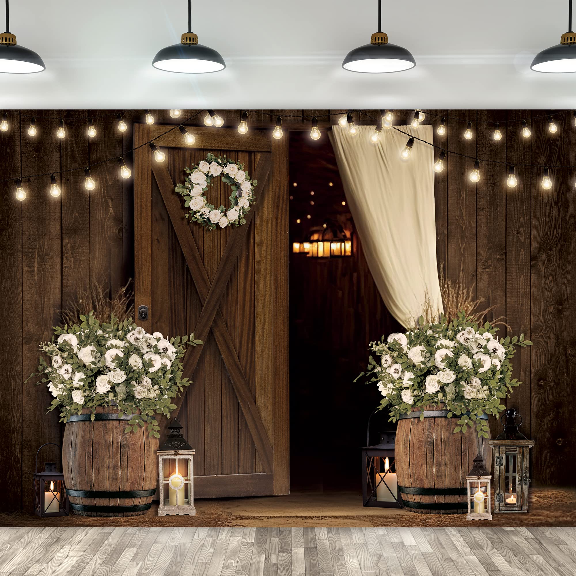 Imirell Wedding Rustic Barn Door Backdrop 7Wx5H Feet Vintage Country White Floral Wooden Board Light Western Polyester Fabric An