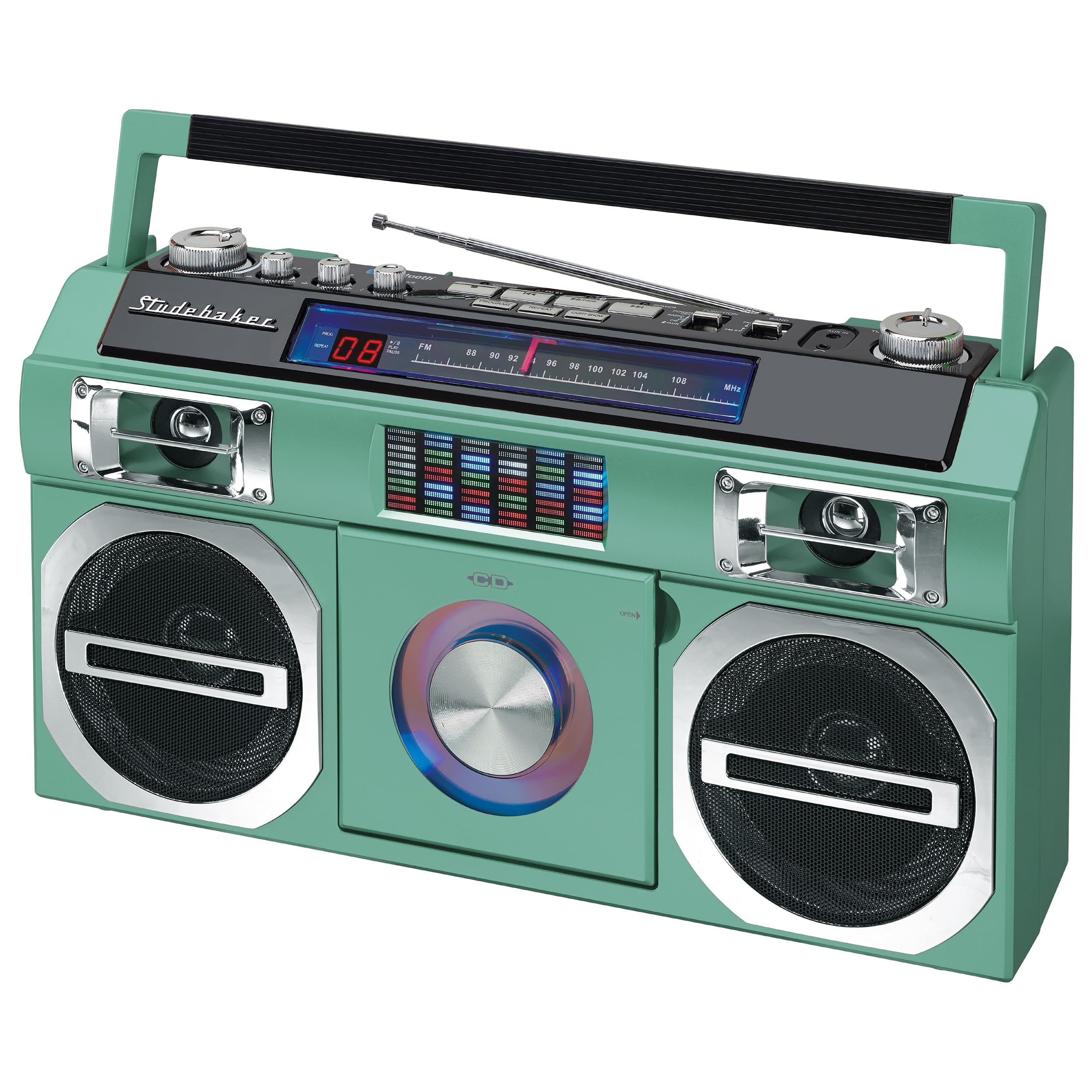 Studebaker Sb2145Te 80'S Retro Street Bluetooth Boombox With Fm Radio, Cd Player, Led Eq, 10 Watts Rms Power And Ac/Dc In Teal