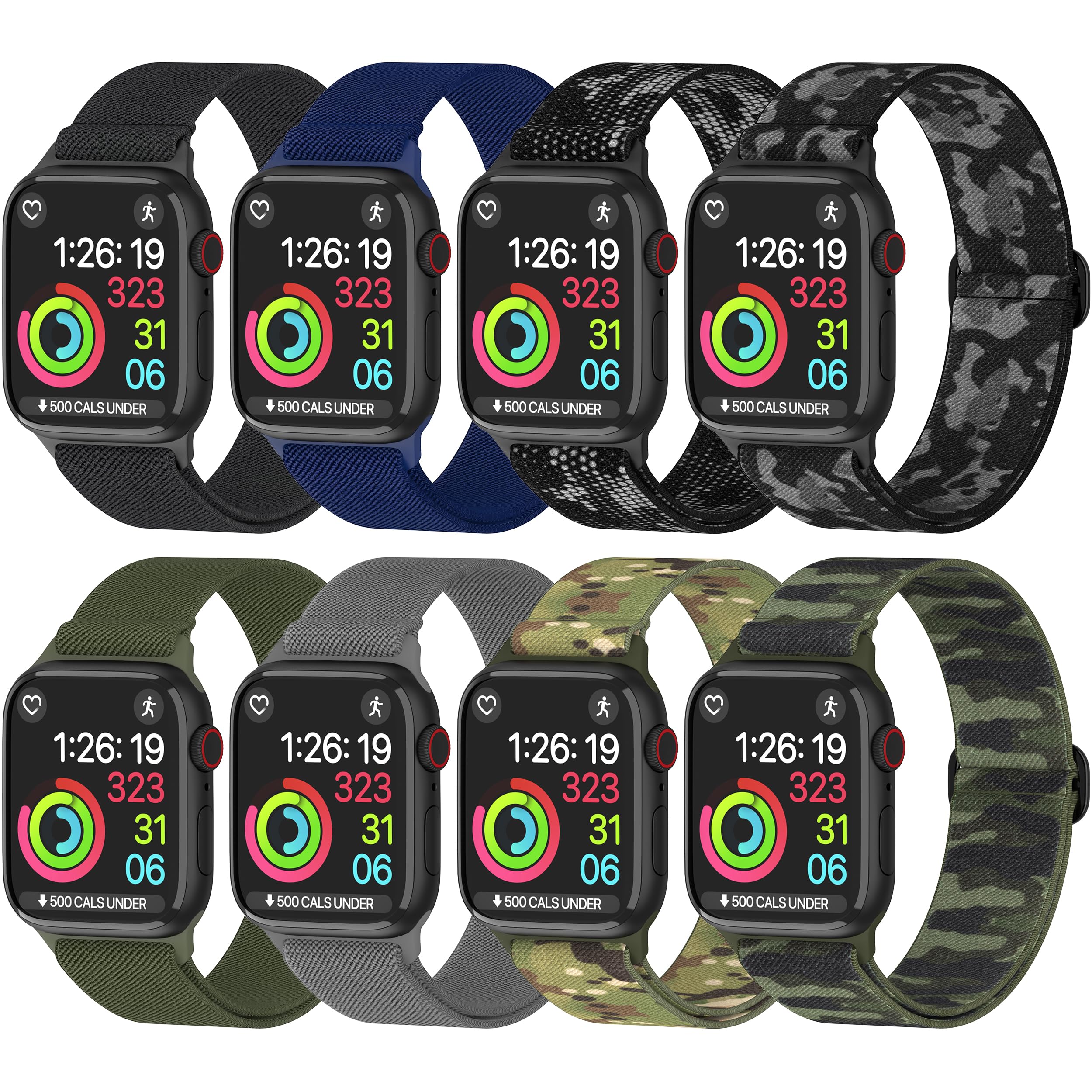 Thunderfit Nylon Smart Watch Band,Compatible With Apple Watch, Adjustable Strap 8 Pack (Charcoal Black, Navy Blue, Army Green, M