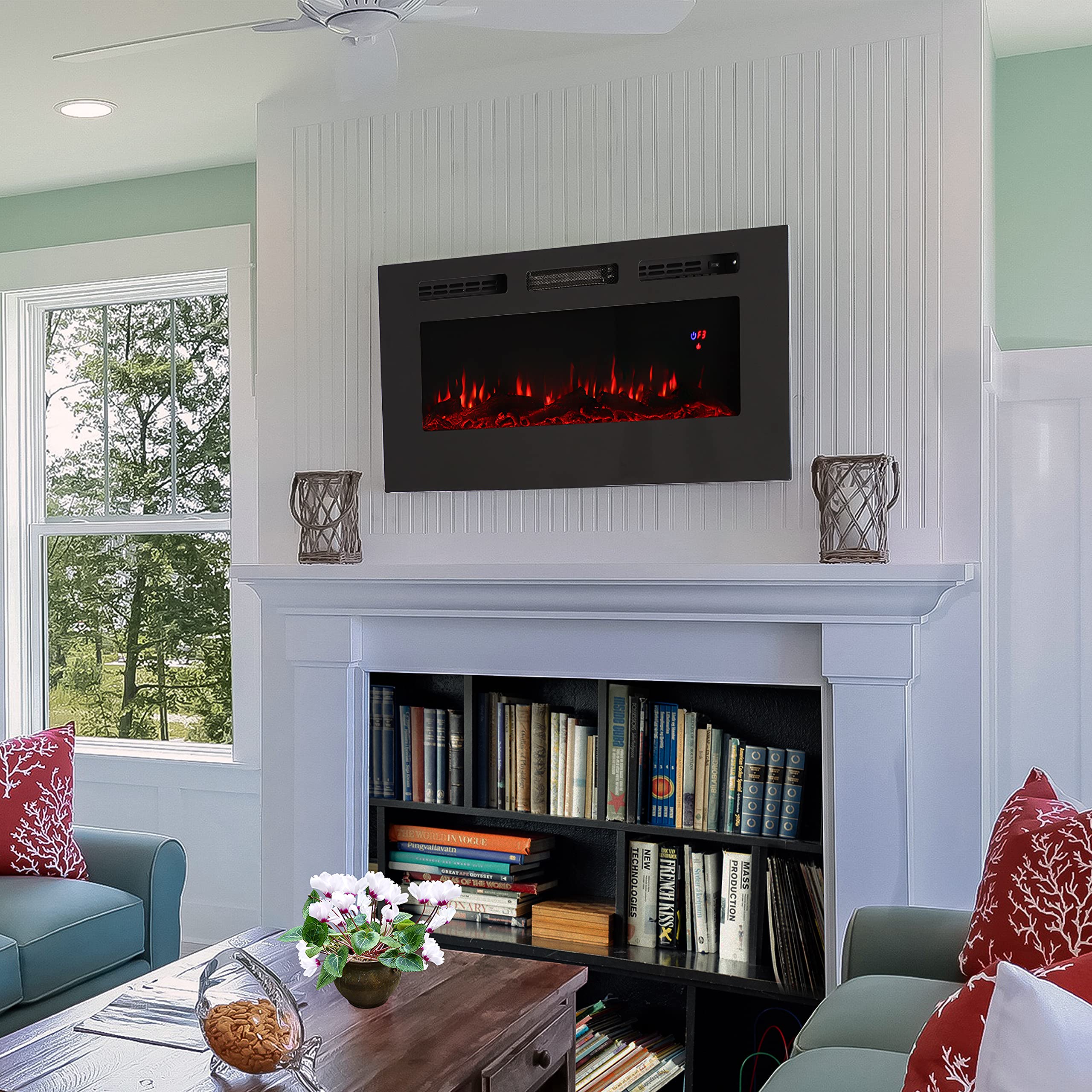 Sunnydaze Sophisticated Hearth 50 Inch Indoor Electric Fireplace   Wall Mounted/Recessed   3 Flame Colors   Black