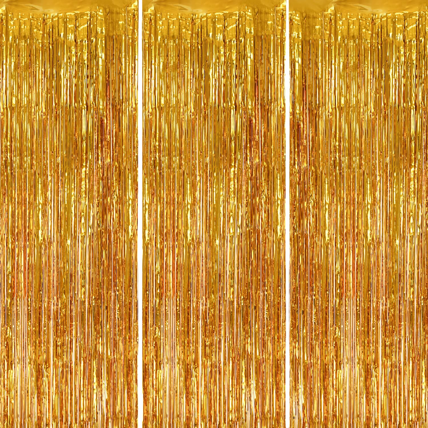 Decockrat 3 Pack Foil Fringe Backdrop   Gold Shiny Tinsel Curtains For Party Decoration/Photo Booth Props   3.3X8.2 Ft Metallic