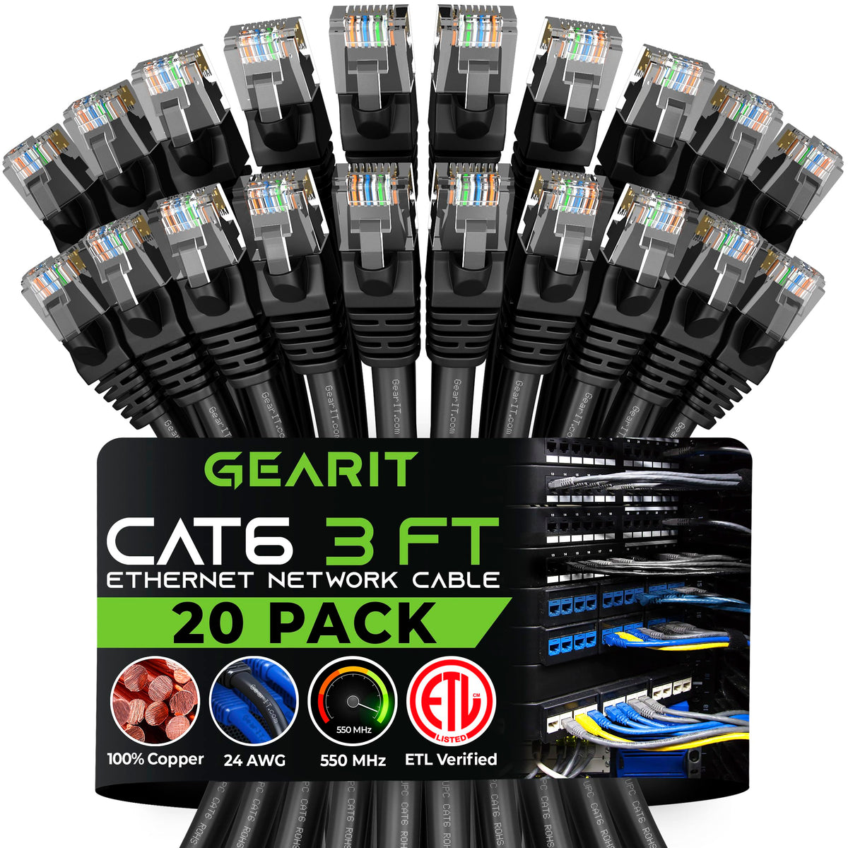 Gearit Cat 6 Snagless Patch Ethernet Cable, 3 Feet (20 Pack)   Black
