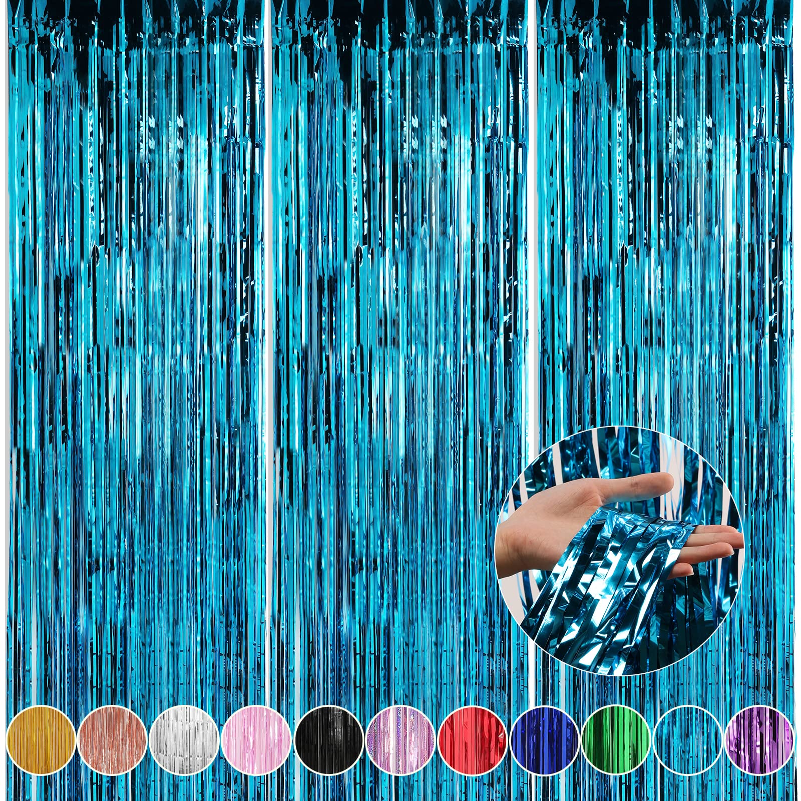 Crosize 3 Pack 3.3 X 9.9 Ft Blue Foil Fringe Backdrop Curtain, Streamer Backdrop Curtains, Streamers Birthday Party Decorations,