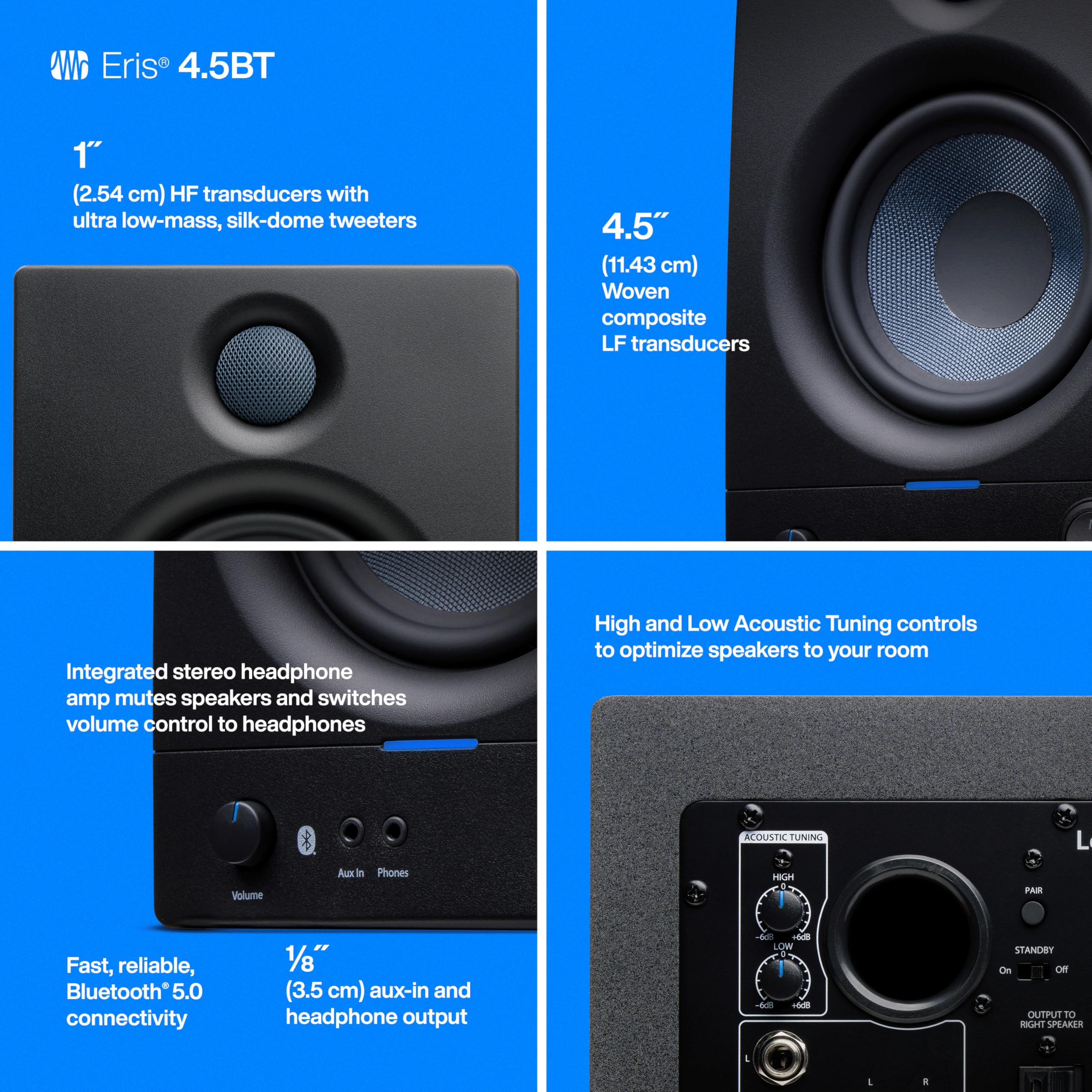 Presonus Eris 4.5Bt Bluetooth Studio Monitors, Pair   4.5'' Powered, Active Monitor Speakers For Near Field Music Production, Au