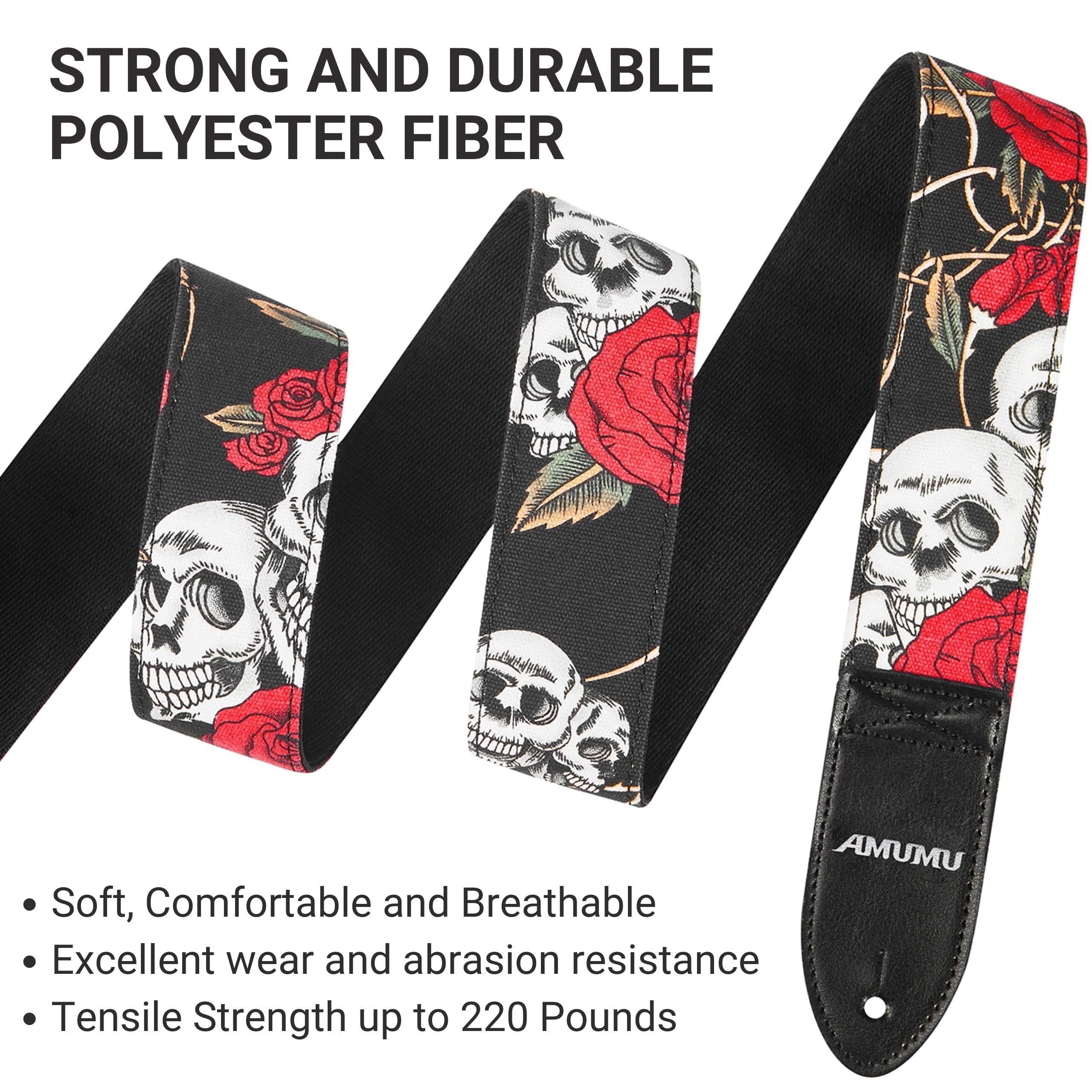 Amumu Guitar Strap - 2 Rose Skull Pattern For Acoustic, Electric And Bass Guitars, Adjustable 36 - 63
