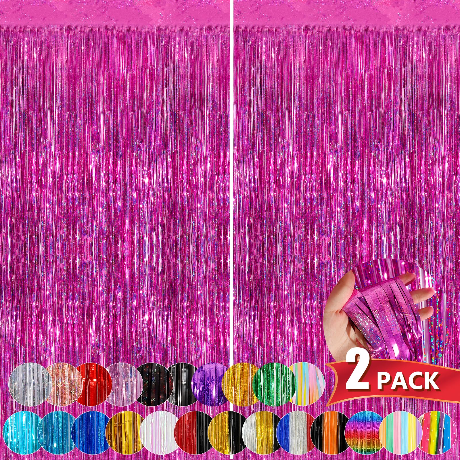 Hot Pink Metallic Tinsel Foil Fringe Curtains, 2 Pack 3.3X8.3 Feet Party Streamer For Birthday Party Decorations, Halloween Deco