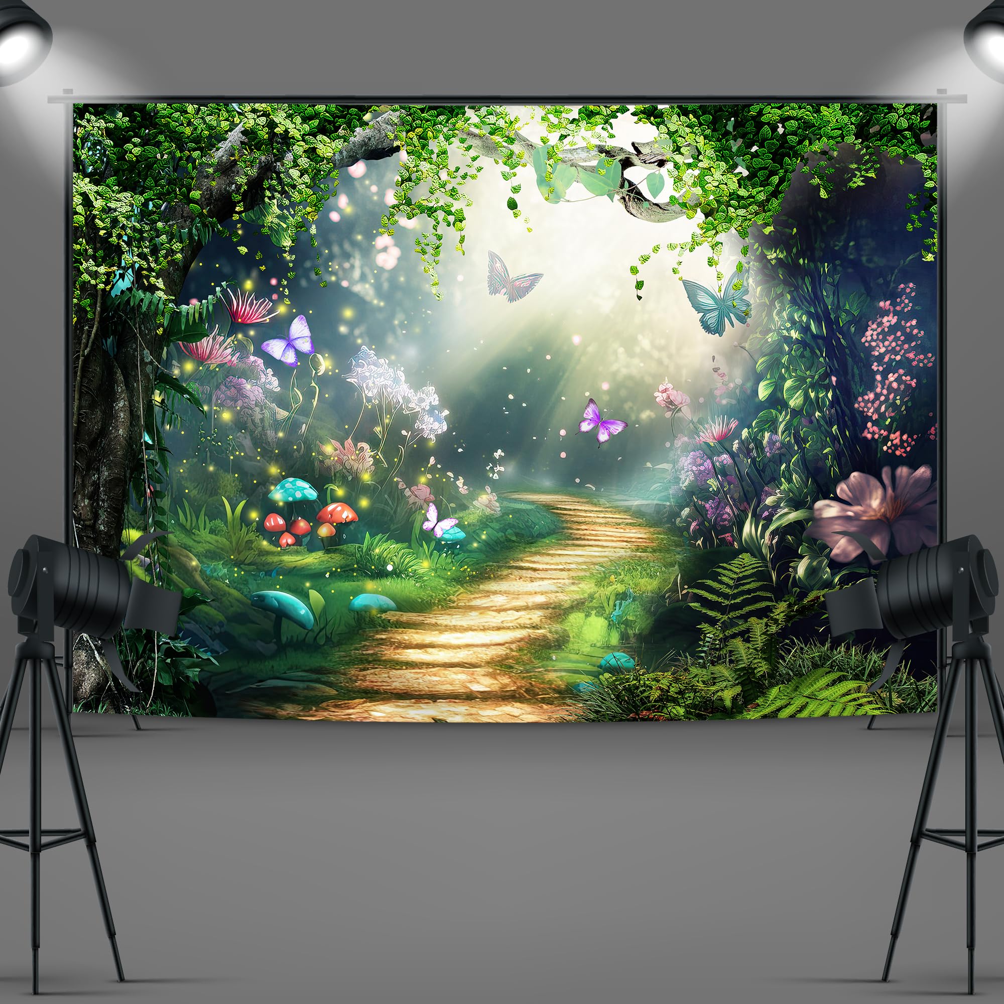 Imirell Fairy Woodland Tale Backdrop 5Wx3H Feet Enchanted Green Spring Butterfly Flower Princess Birthday Wedding Polyester Fabr