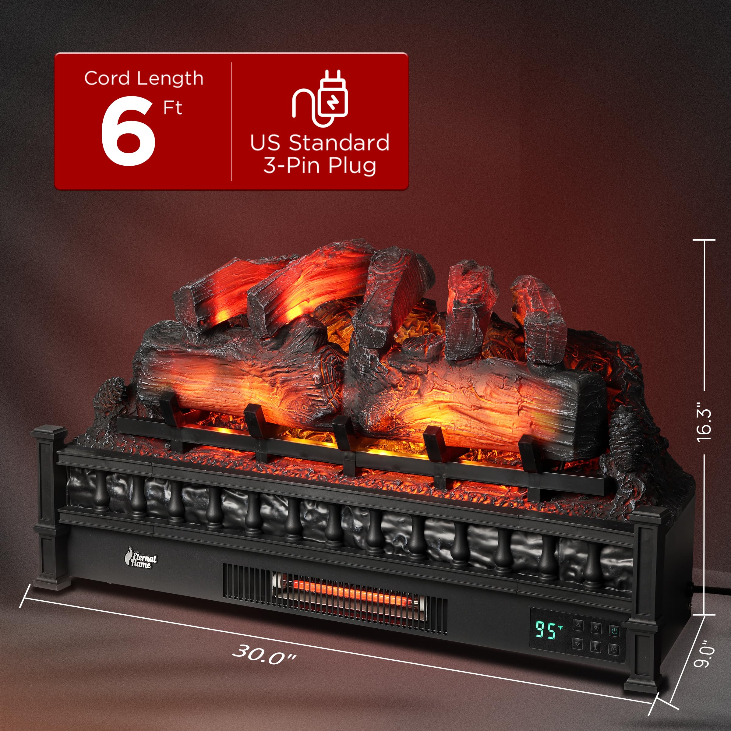 Turbro Eternal Flame 30 In. Wifi Infrared Quartz Electric Fireplace Log Heater With Sound Crackling, Realistic Pinewood Logs, Ad