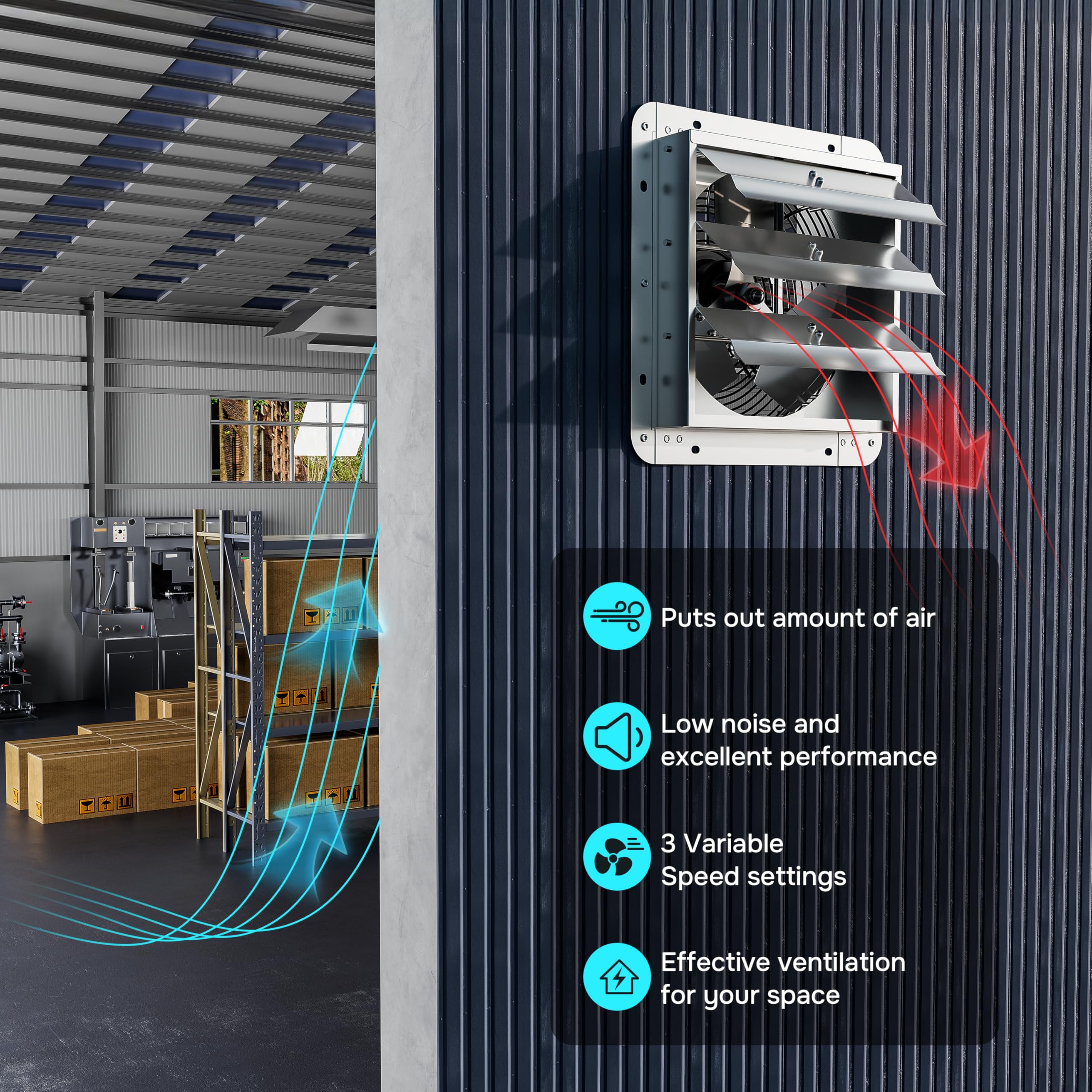 Ipower 18 Inch Wall Mounted Shutter Exhaust Fan, Aluminum, 1400 Rpm, 2000 Cfm, For Attic, Garage, Louvered Vent, Plant, Greenhou