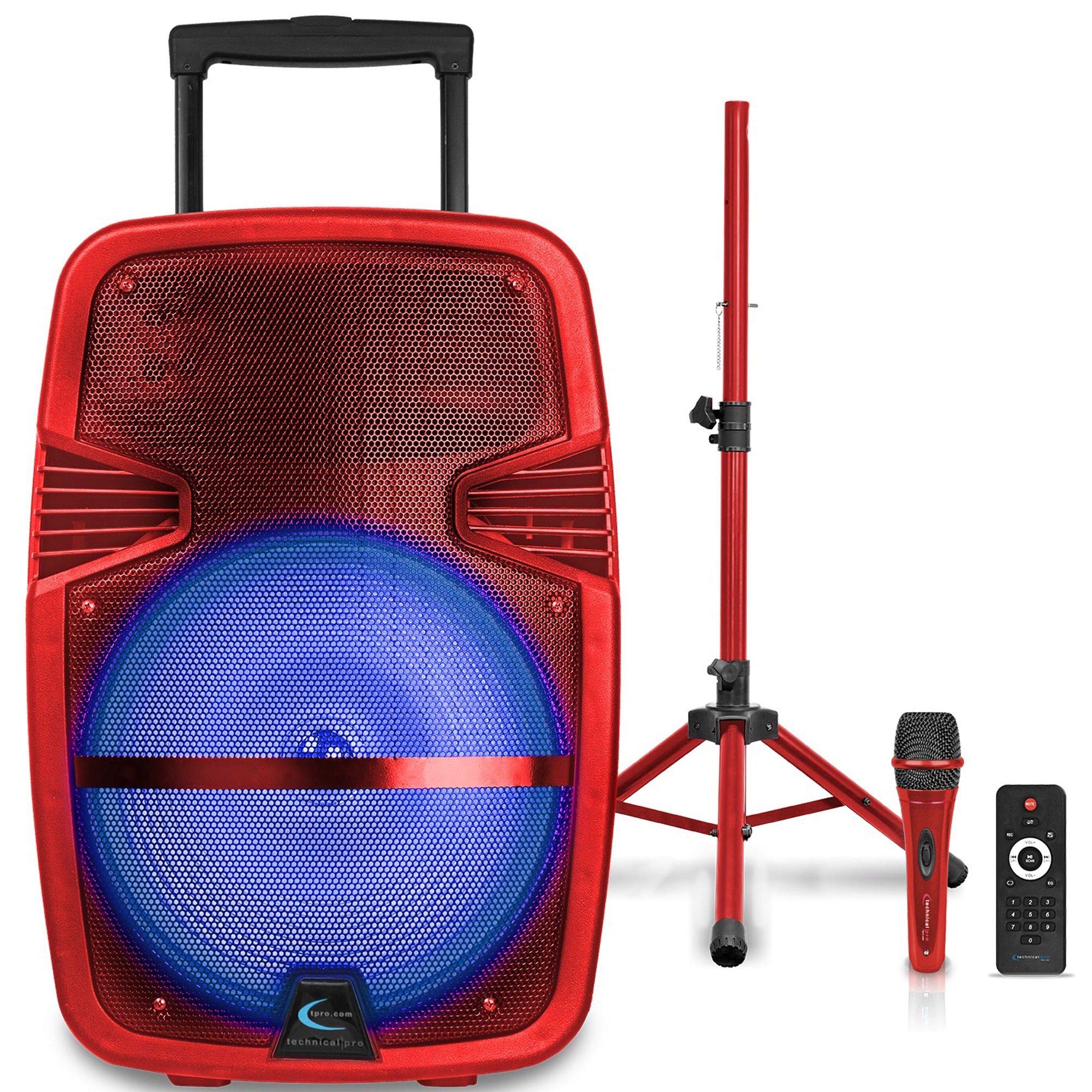 Technical Pro 15 Portable Rechargeable Battery Powered 3000 Watts Pro DJ Bluetooth LED Loudspeaker Package with Tripod Stand, Mi