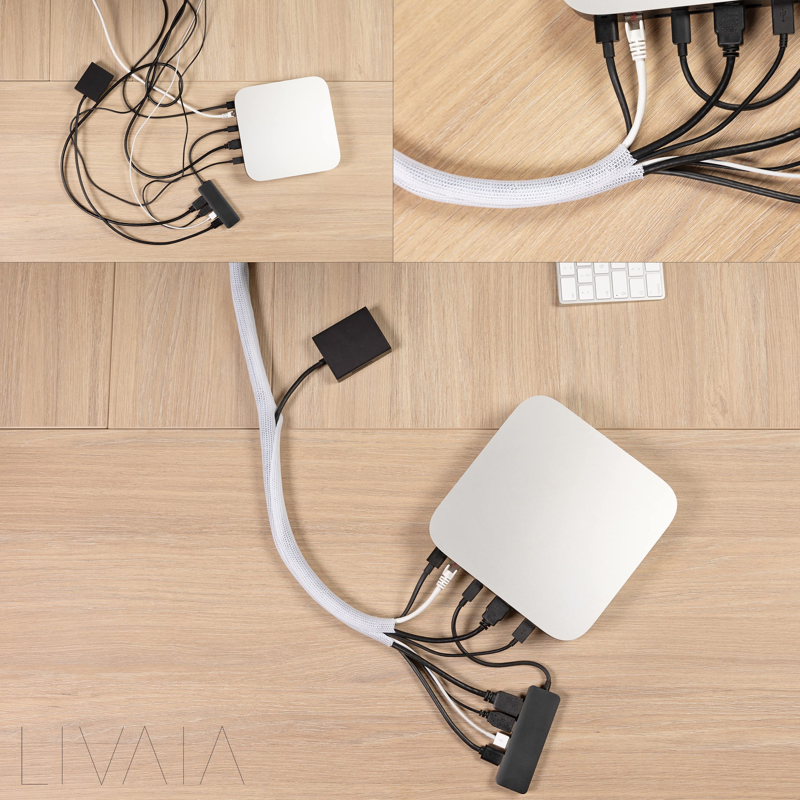 LIVAIA Self-Closing Cable Tidy Sleeve PET White 0.47-0.79in x 10ft Cuttable Desk Organizer