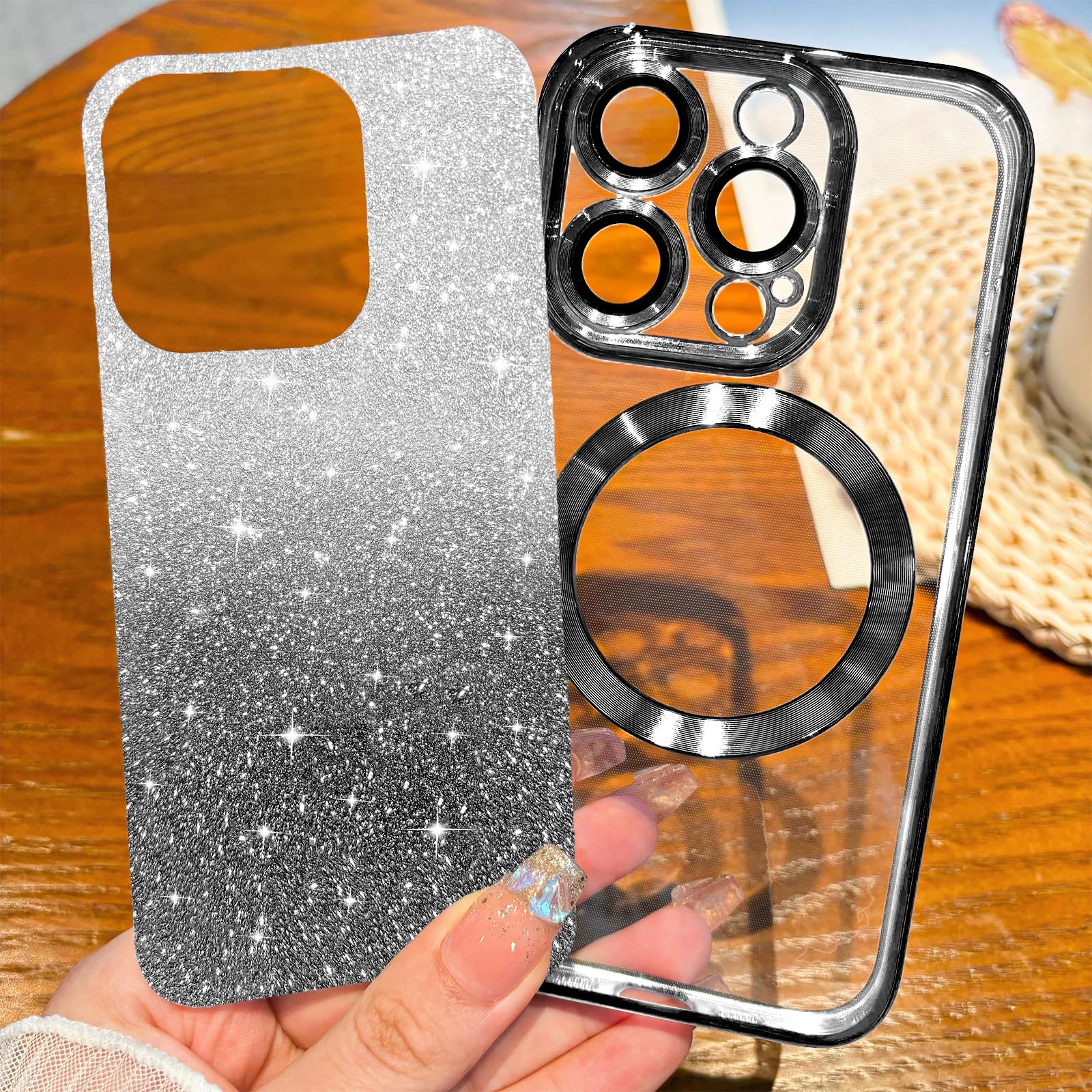 Hython For Iphone 14 Pro Case Clear Magnetic Glitter Phone Cases [Compatible With Magsafe] Full Camera Lens Protector Slim Gradi