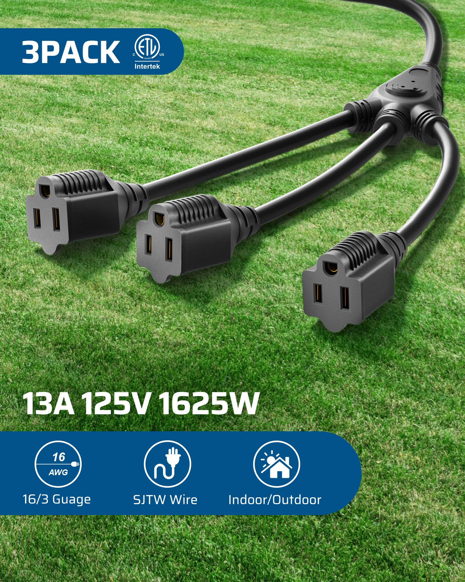 Dewenwils Extension Cord Splitter 1 To 3, 18 Inch 16/3 Heavy Duty Sjtw Wire, 3 Prong Outdoor Power Splitter For Halloween Decor