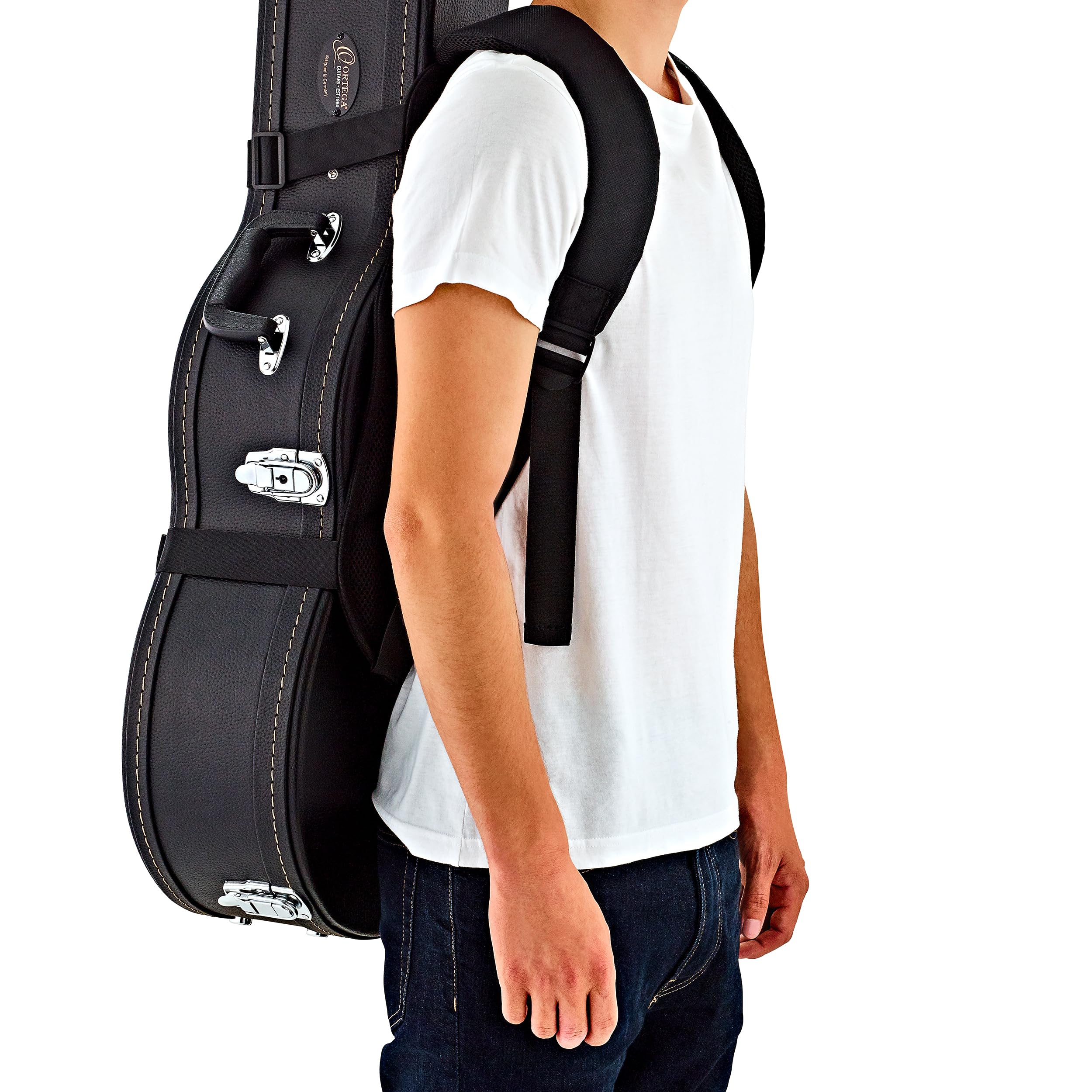 Ortega Guitars Hardshell Case Deluxe Backpack Straps W/Ergonomic Back Cushion Carry Your Hardcase Like A Gig Bag Black (Obps Dlx