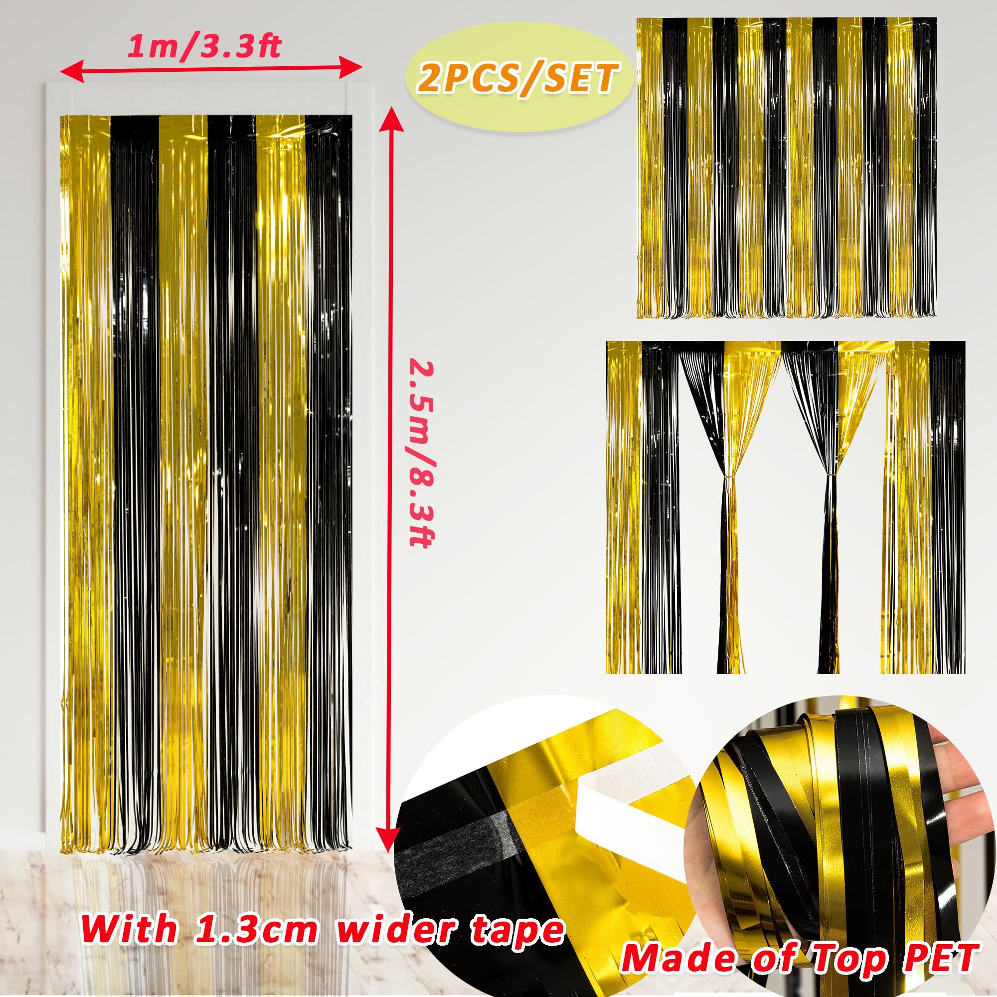 Malanku 2 Pack Black And Gold Party Decorations - 3.3 X 8.2Ft Gold Foil Fringe Curtain Black Tinsel Backdrop Photo Booth Props F