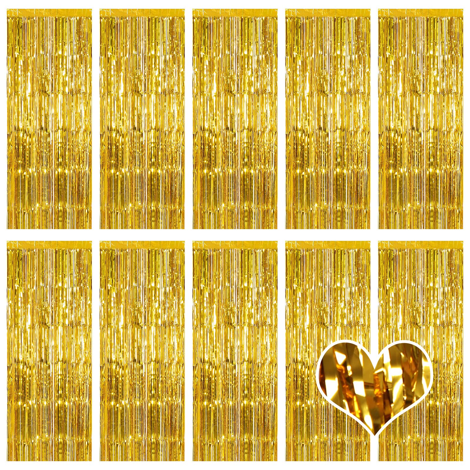 10 Pack Gold Backdrop Curtain 3.2Ft X 8.2Ft Metallic Tinsel Foil Fringe Curtains Photo Booth Background For Birthday Party Decor