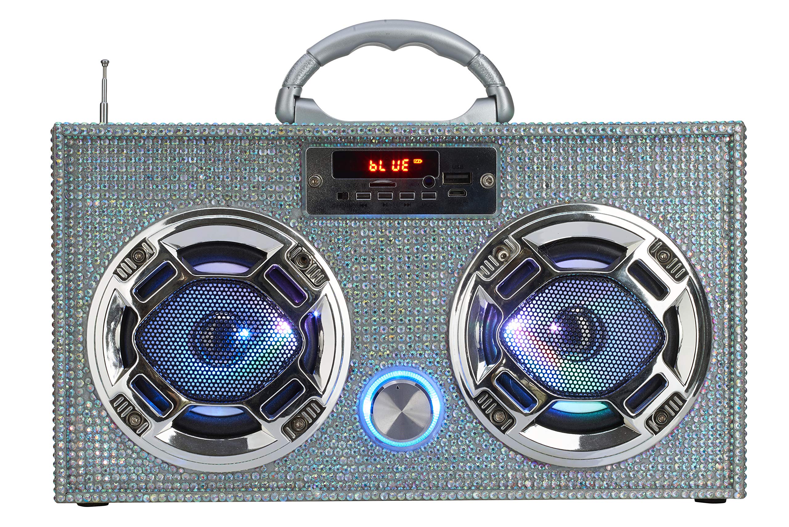 Wireless Express   Mini Boombox With Led Speakers   Retro Bluetooth Speaker W/Enhanced Fm Radio   Perfect For Home And Outdoor (Iridescent Bling)
