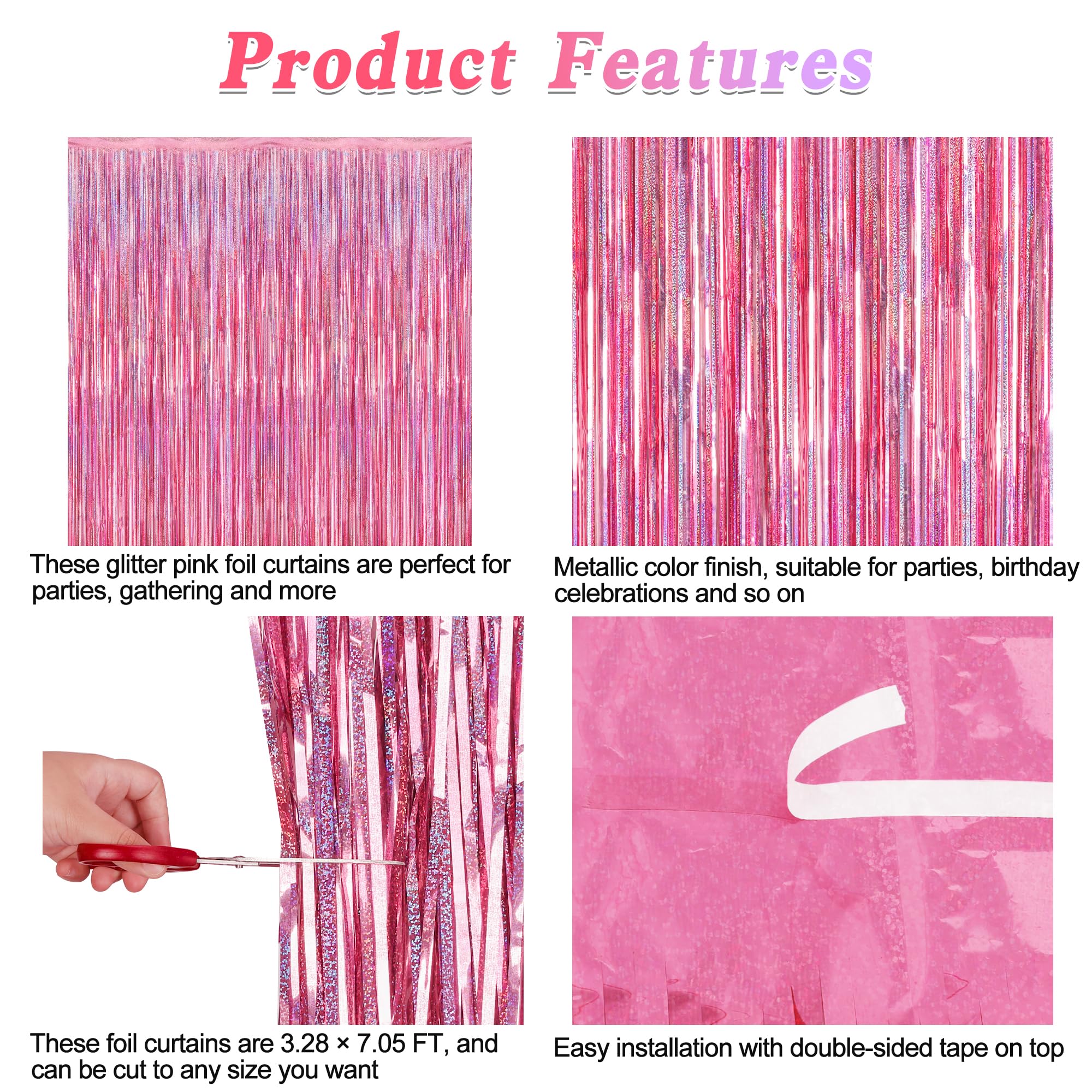 8 Pack Pink Backdrop, 3.28 Ft X 7.05 Ft Fringe Curtains, Metallic Glitter Pink Fringe Party Streamer Foil Curtains Tinsel Backdr