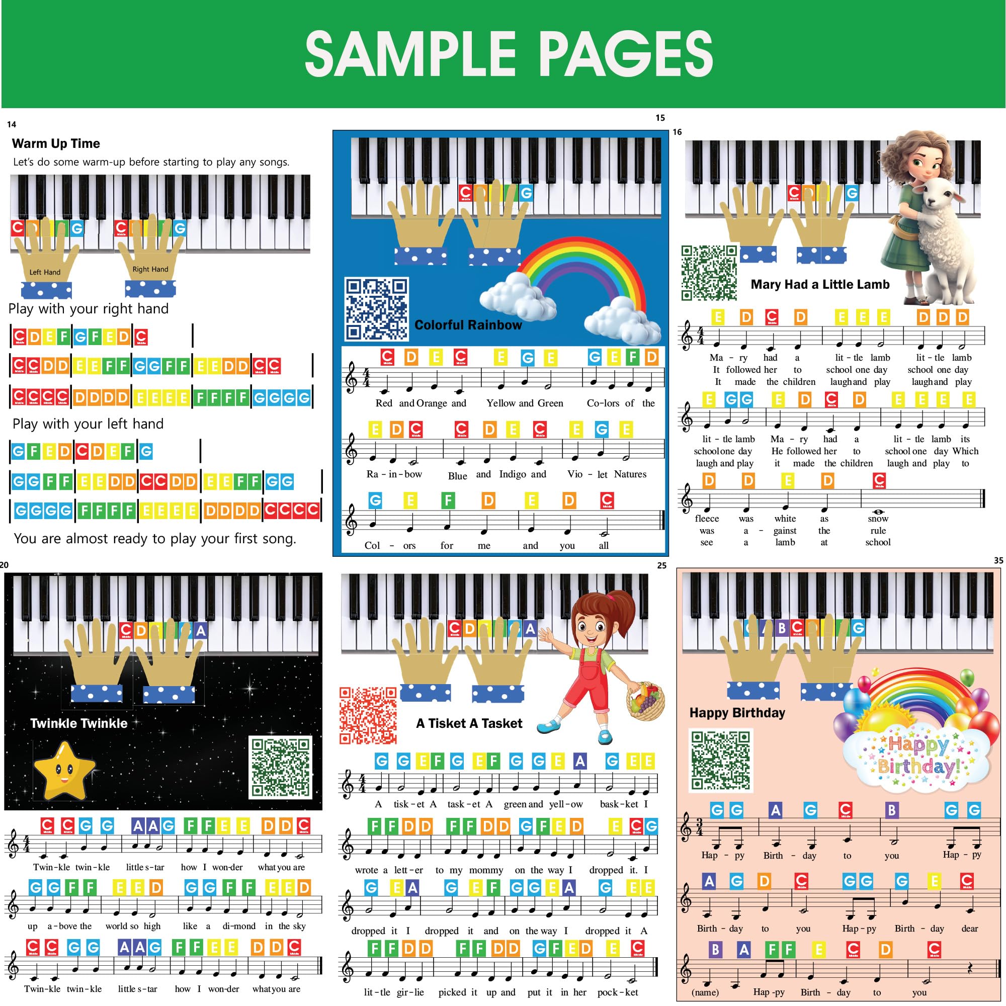 Qmg Rainbow Color Piano And Keyboard Sticker And Kids Piano Learning Book Easy To Follow Instructions For Kids, Beginner Piano B