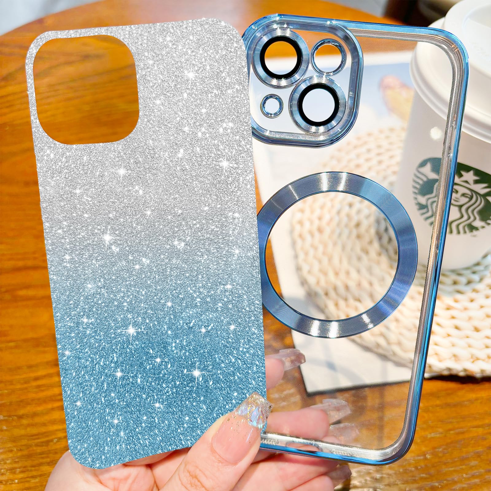 Hython For Iphone 14 Plus Case Clear Magnetic Glitter Phone Cases [Compatible With Magsafe] Full Camera Lens Protector Gradient