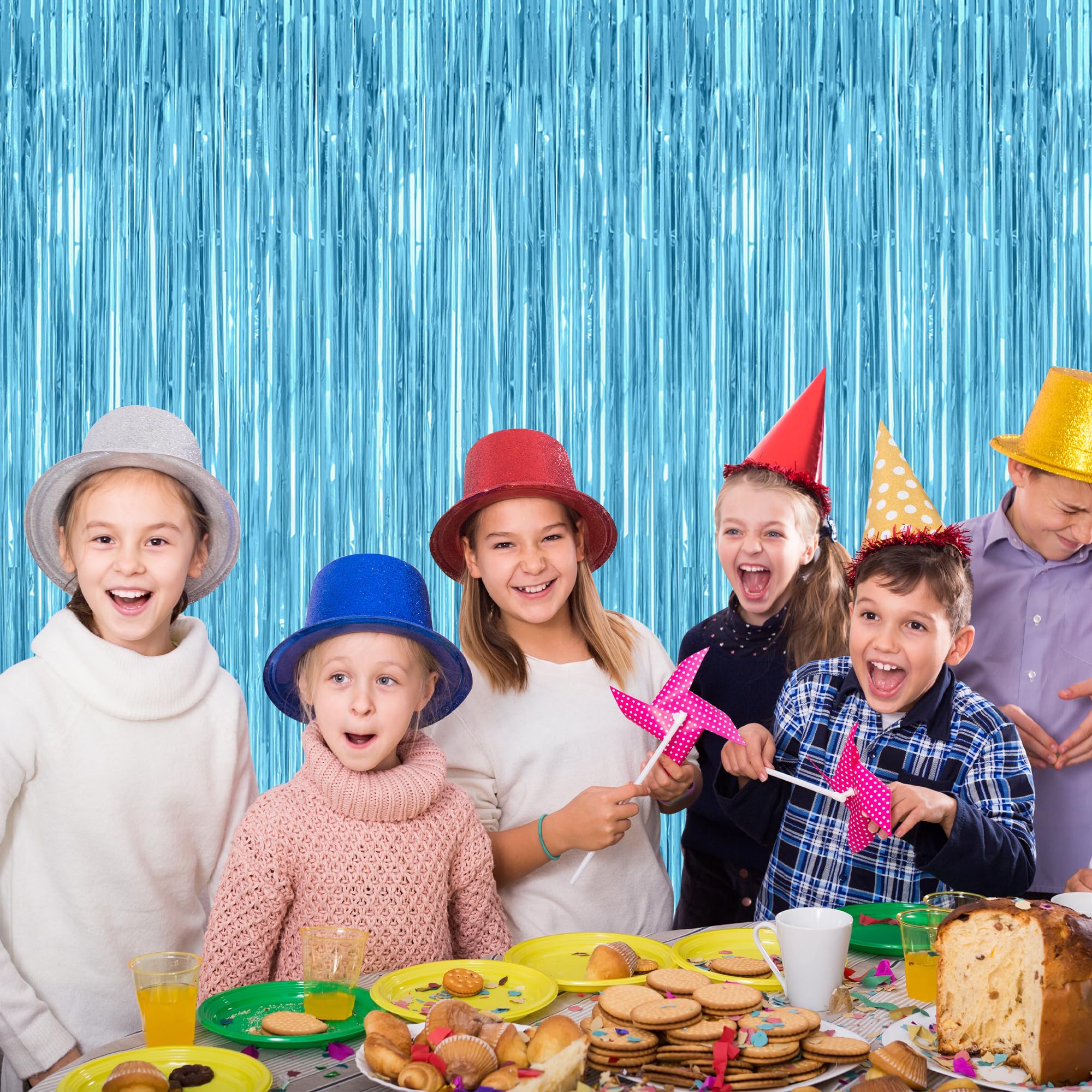 4 Pack Party Decorations, 3.28 Ft X 7.05 Ft Blue Foil Streamers, Metallic Sky Blue Backdrop Fringe Curtains Bithday Back Drop, W