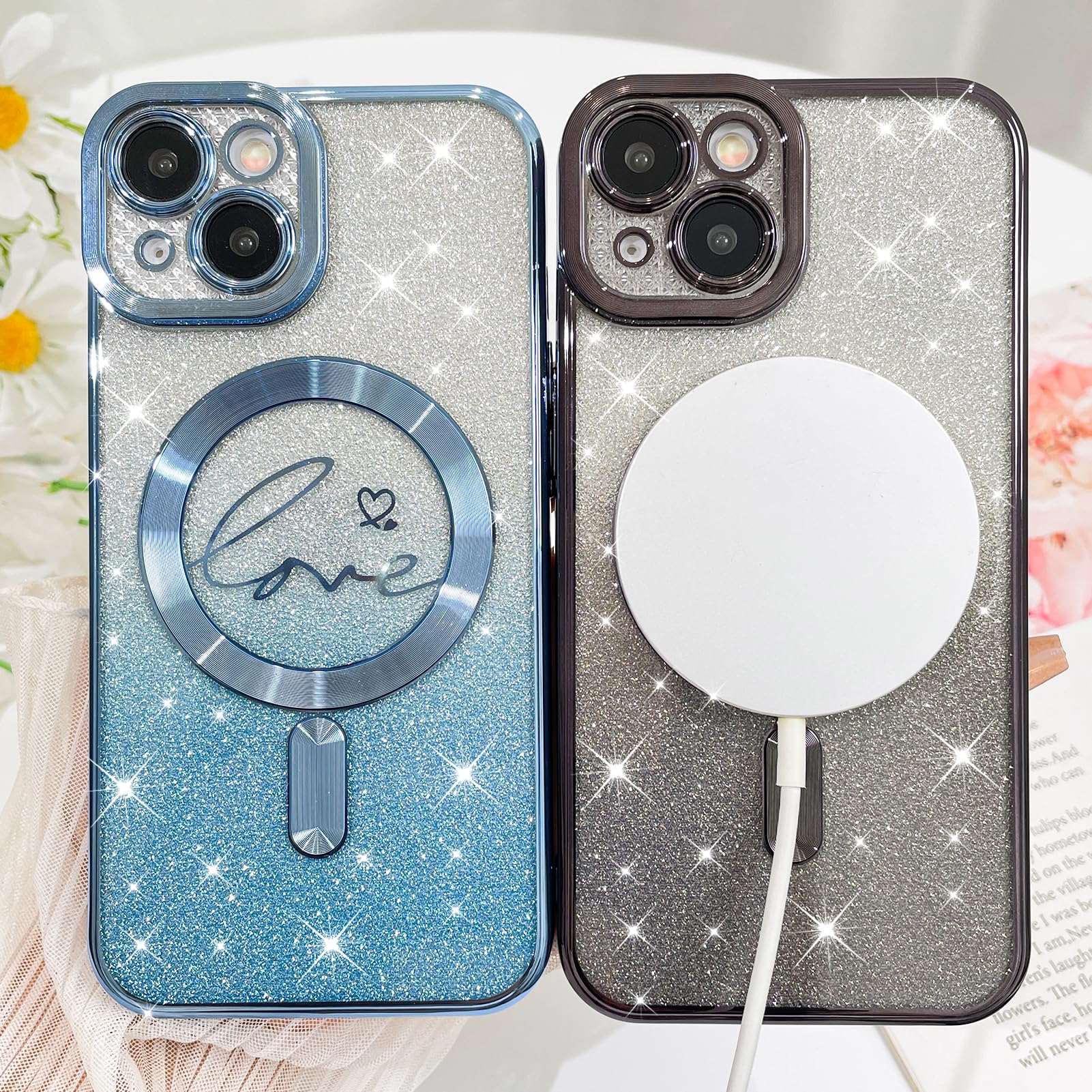 Fiyart Designed For Iphone 13 Case,Compatible With Magsafe Love Heart Plating Camera Protection Clear Phone Case, Magnetic Glitt