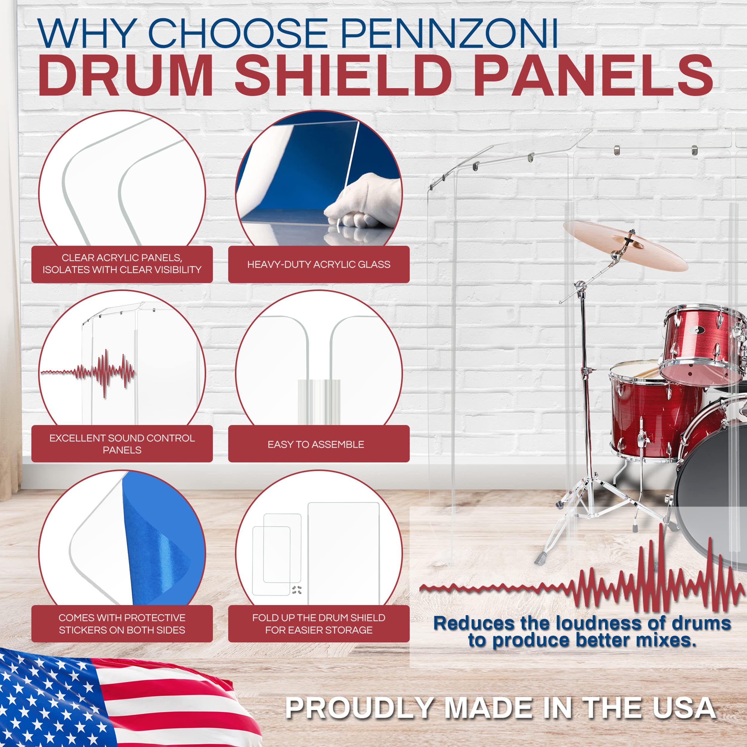 Pennzoni Drum Shield 6Ft W/Plastic Hinges & Deflectors, Comes W/ 6 Drum Panels, Plastic Hinges & Deflectors, Premium Clear Acryl